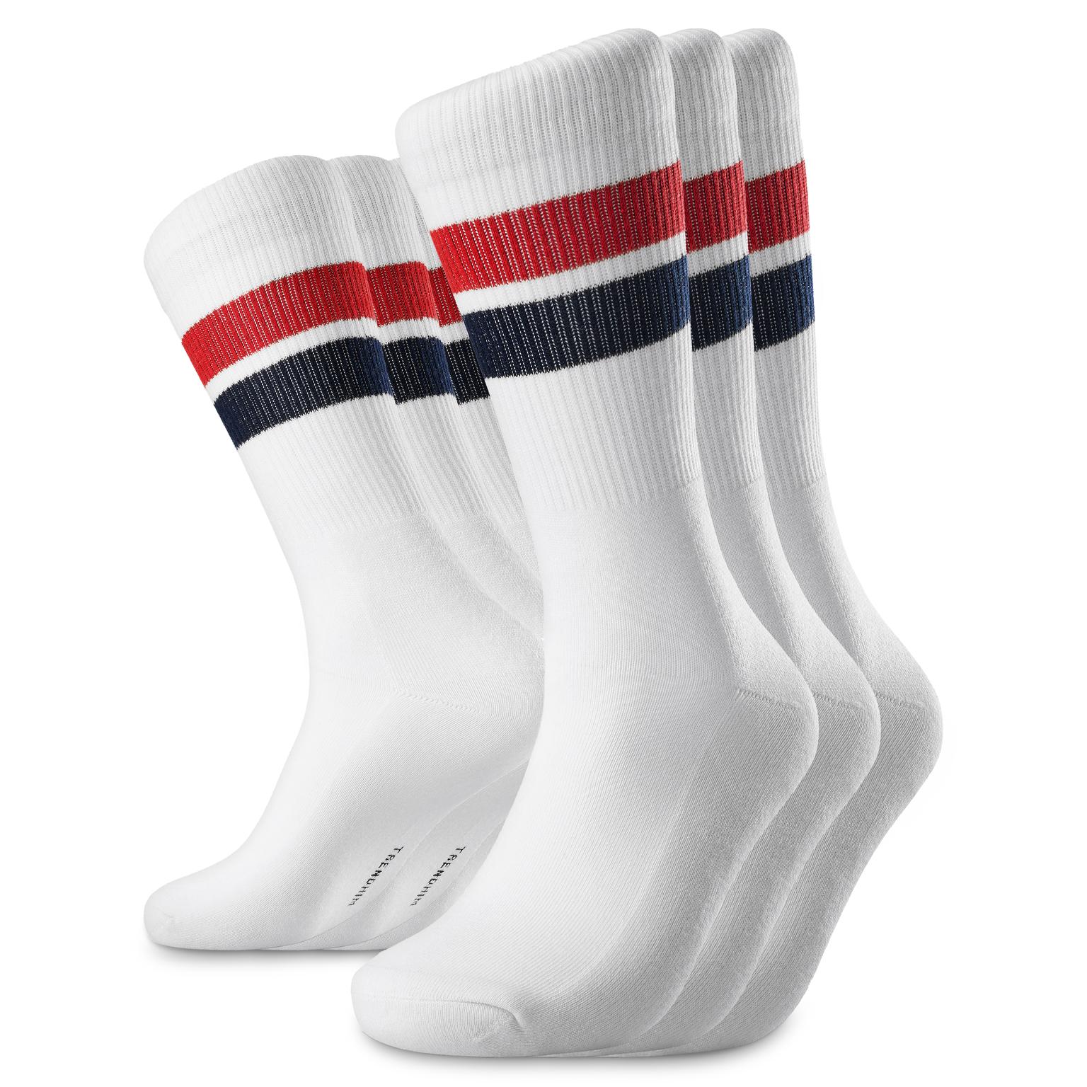 TrueFeel | 3-pack λευκές premium βαμβακερές κάλτσες τένις — κόκκινη & μπλε ριγέ λεπτομέρεια TrueFeel | 3-pack λευκές premium βαμβακερές κάλτσες τένις — κόκκινη & μπλε ριγέ λεπτομέρεια