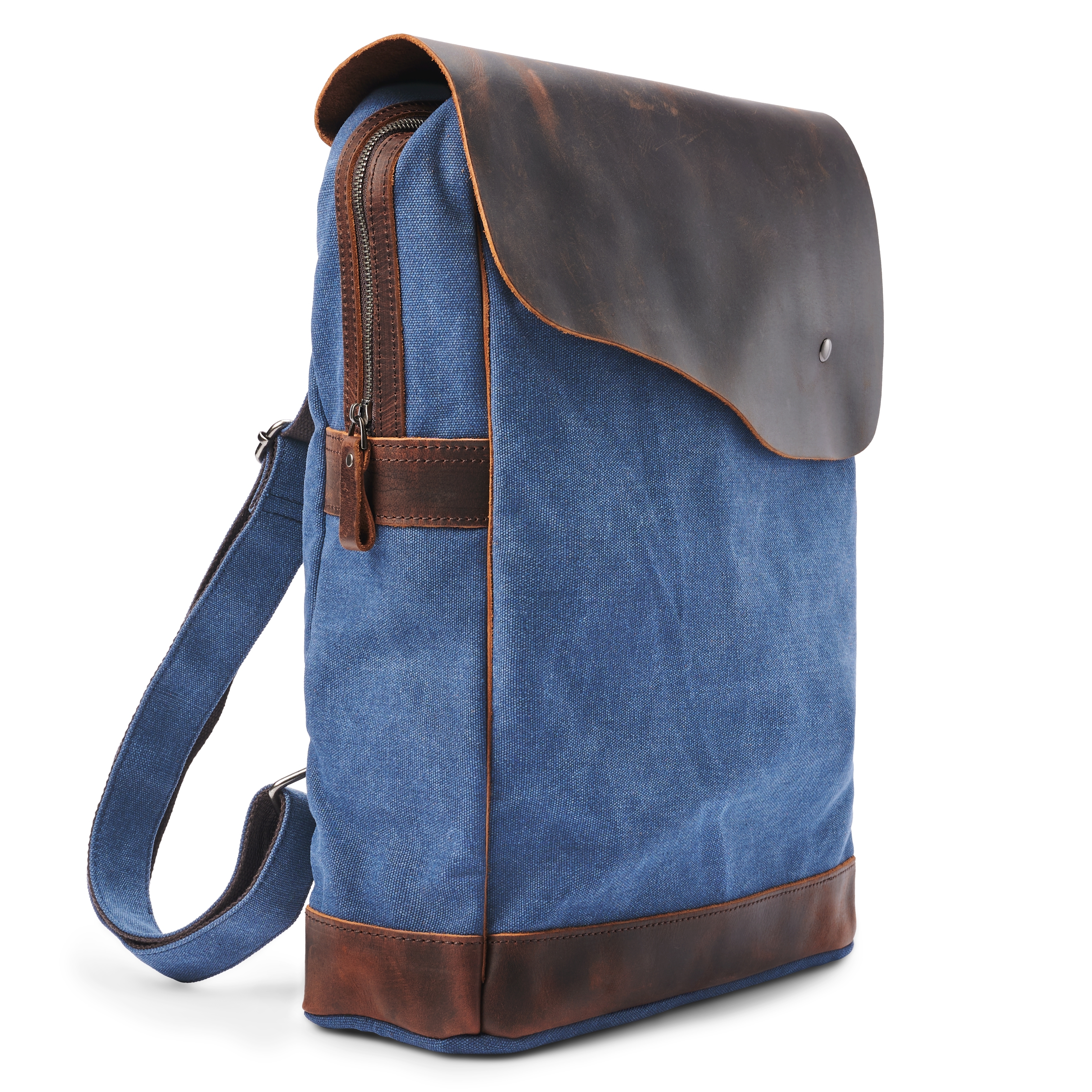 Plátený ruksak v retro štýle v námorníckej modrej farbe s tmavými koženými detailmi - 3
