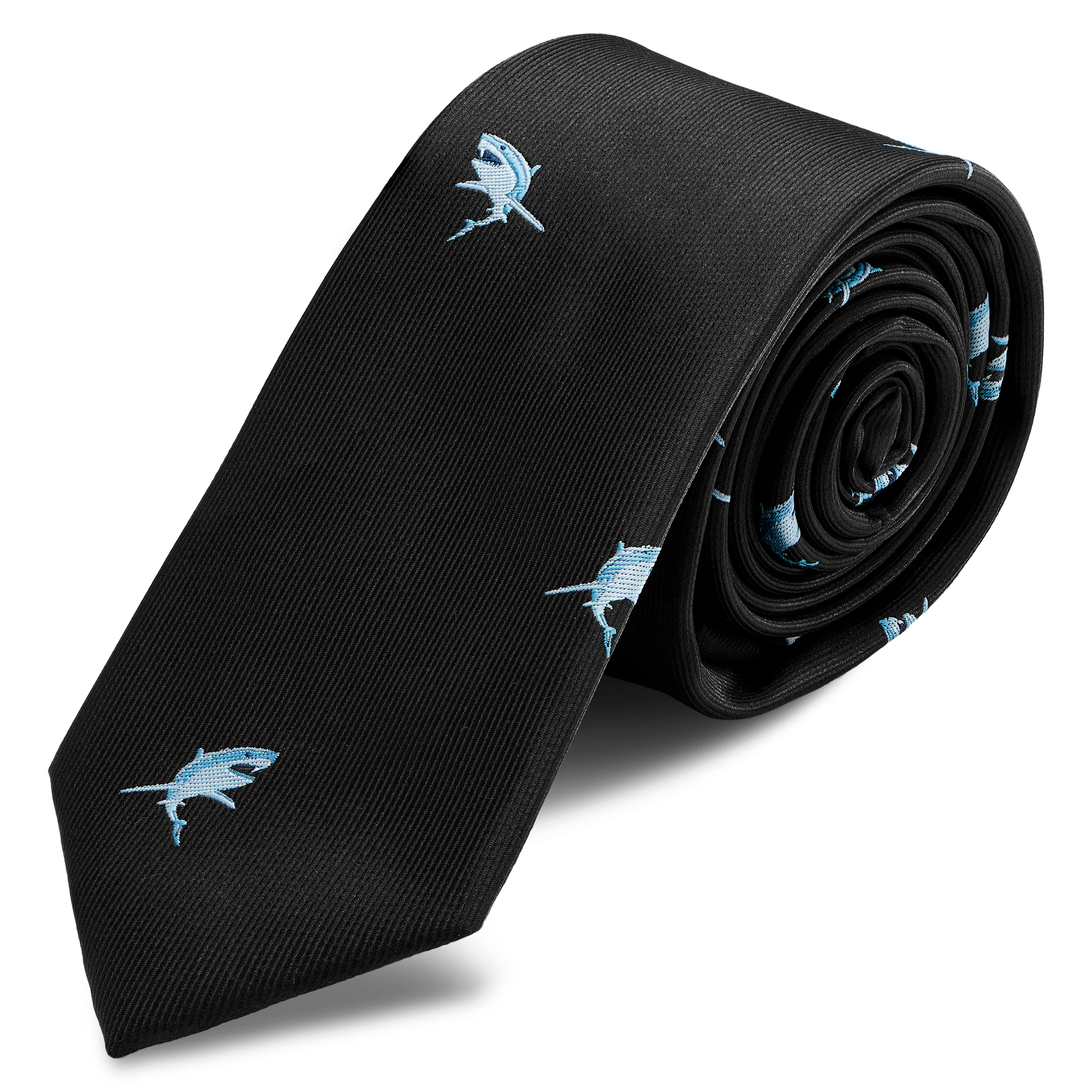 Czarny wąski krawat w rekiny