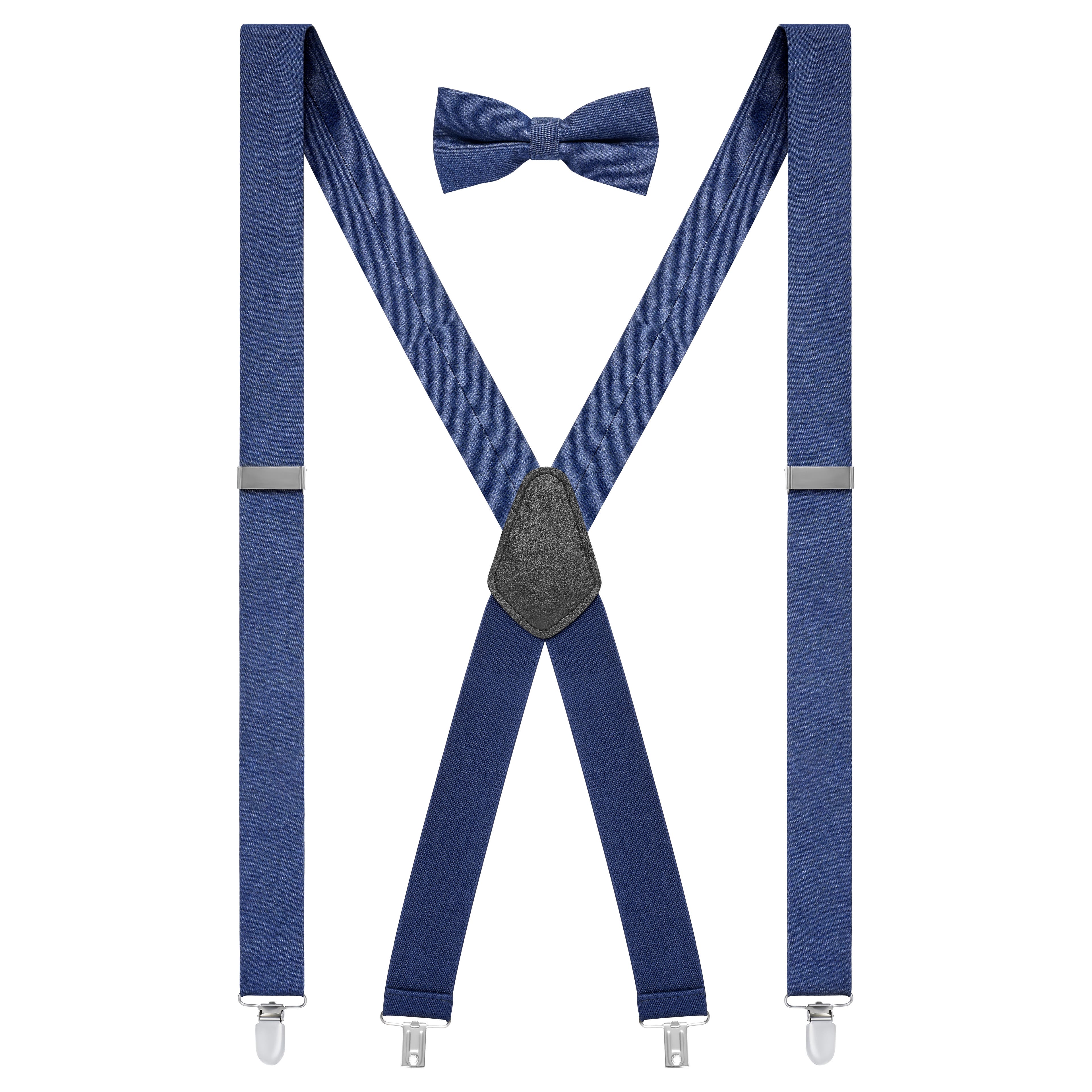 Marinblå jeanshängslen med X-design och clip-ons & knuten fluga-paket