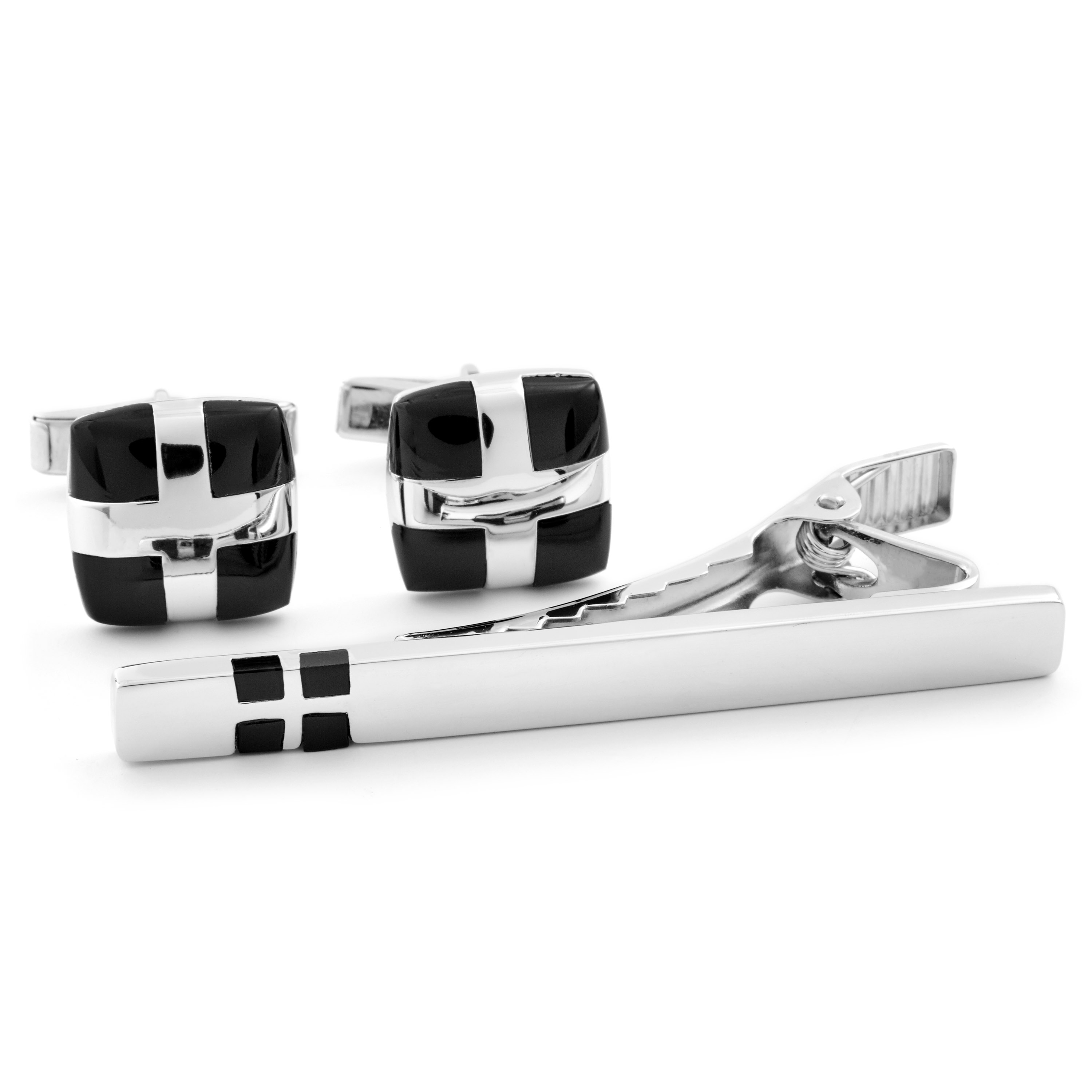 Hopea ja musta ruudullinen setti, 925S-hopeaa - 1