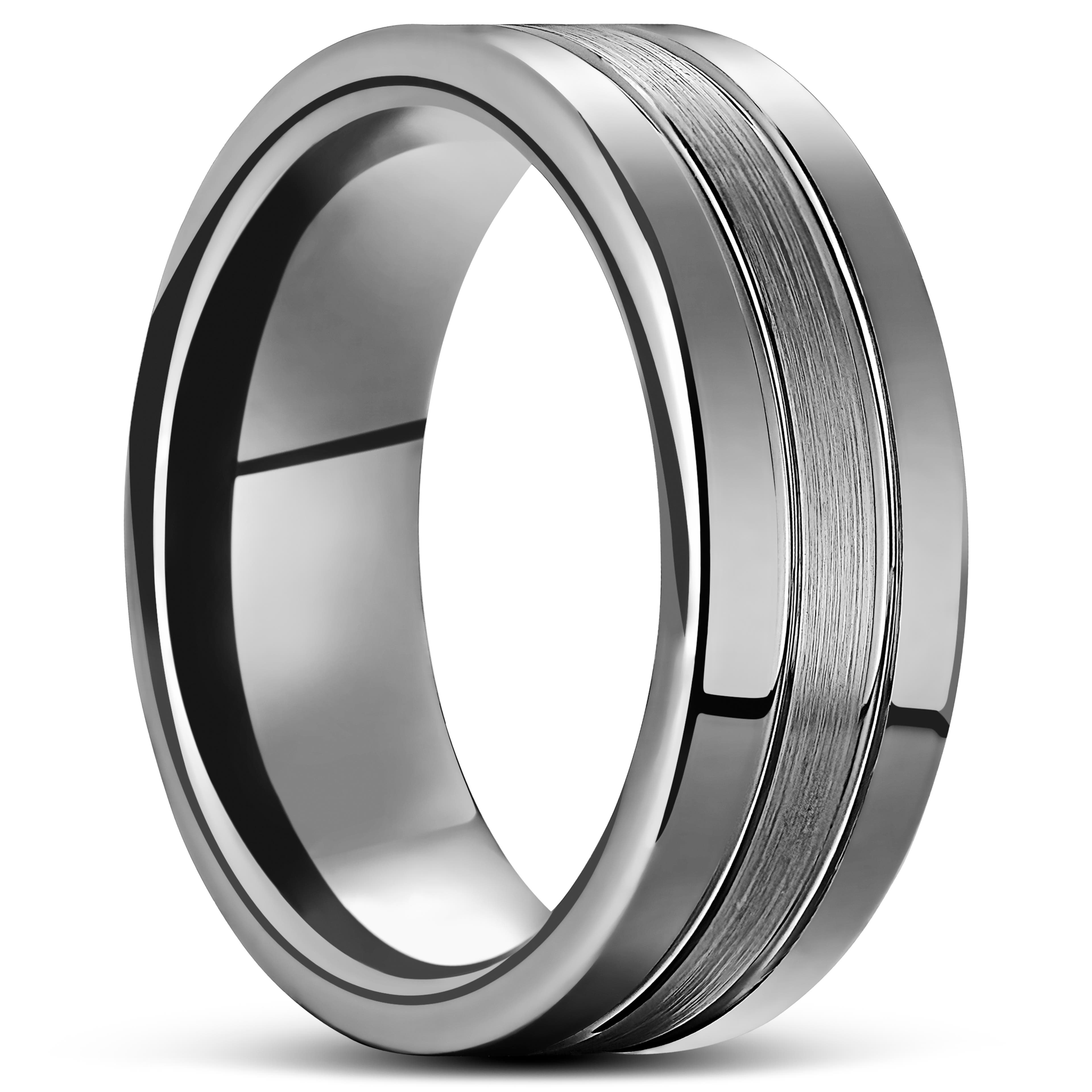Terra | 8 mm Silberfarbener Ring mit doppelten Rillen aus Tungsten