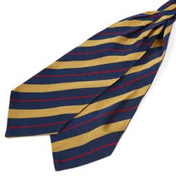 Cravate Ascot en soie à rayures bleu marine, rouge et or.