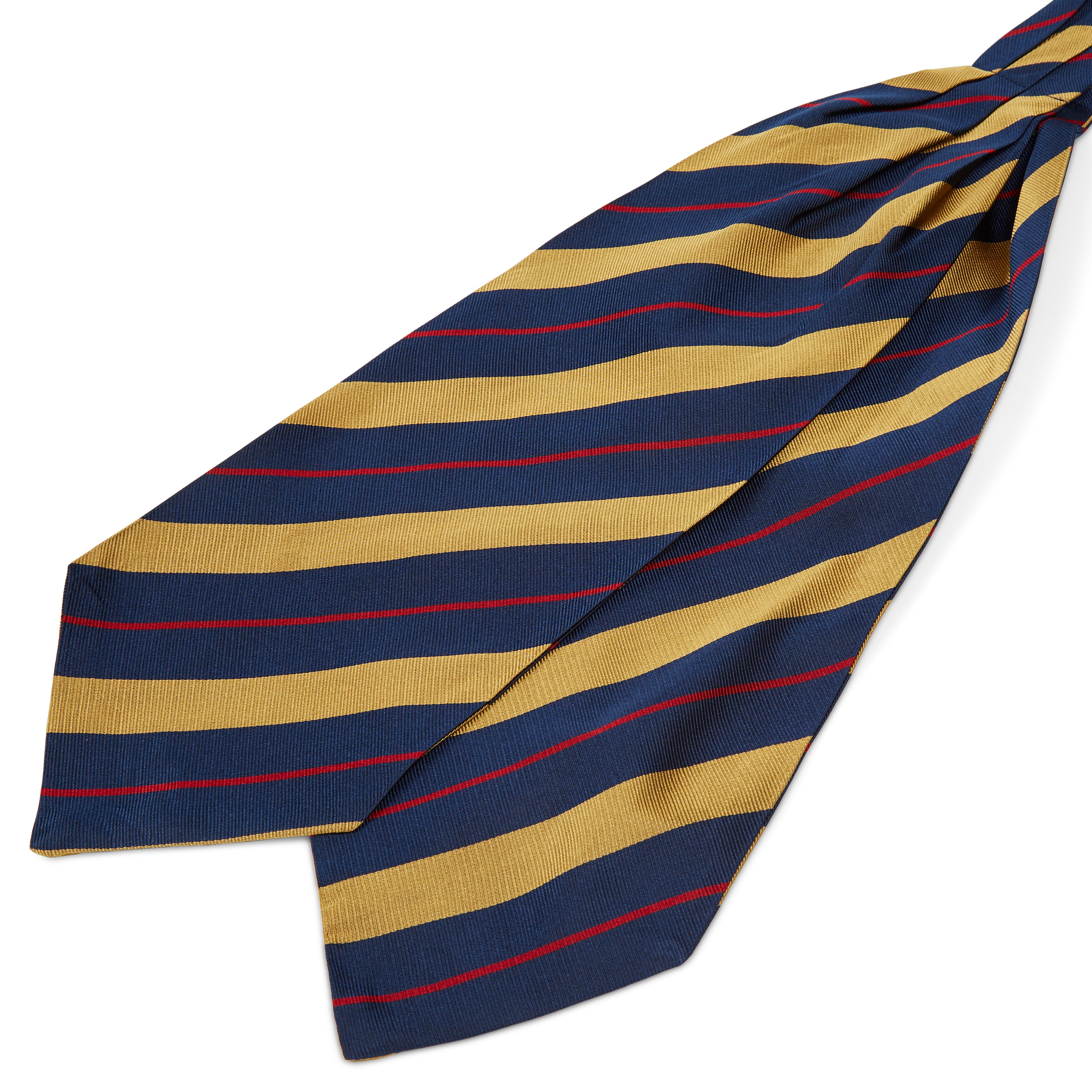 Hodvábny tmavomodrý kravatový šál so zlatými a červenými pruhmi