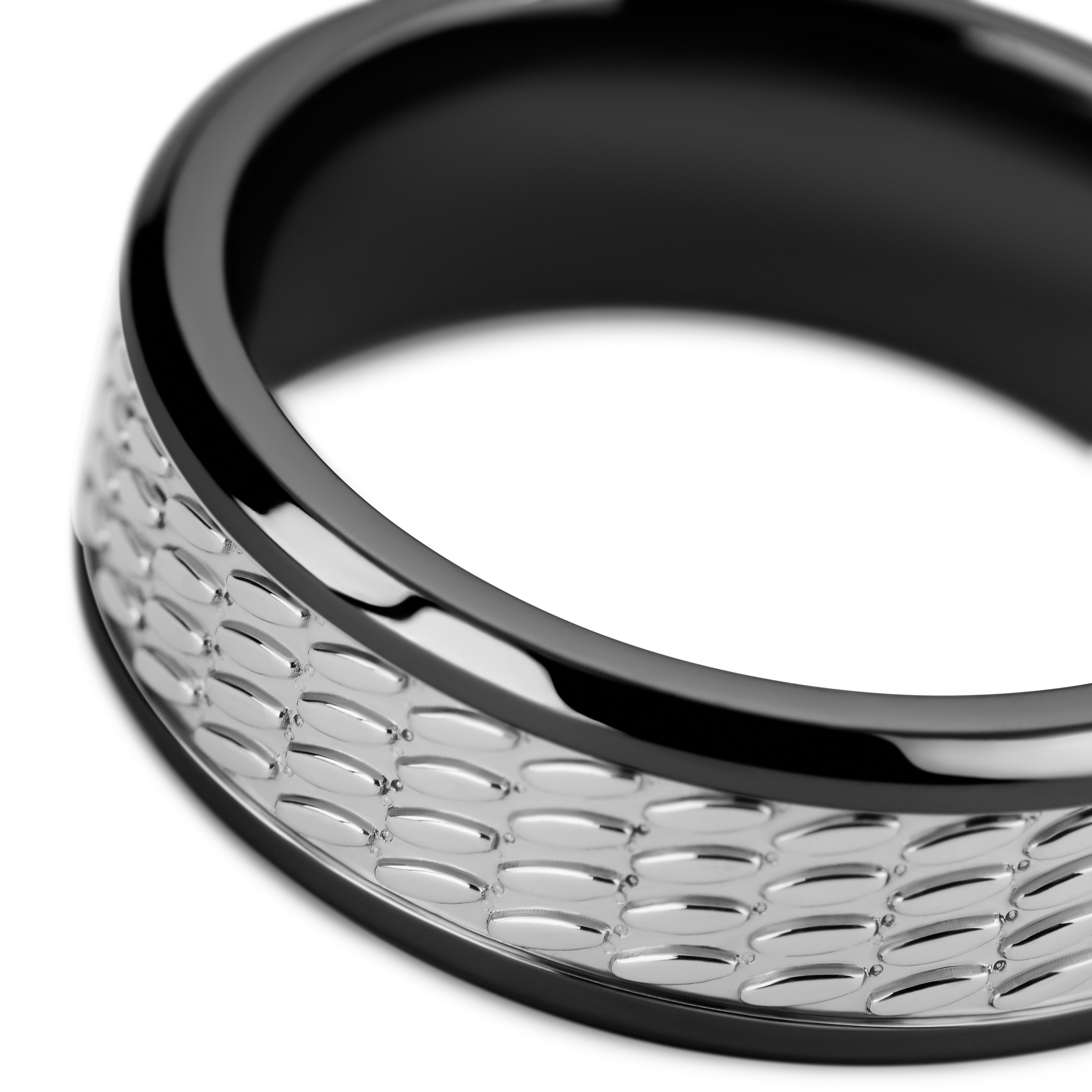 Hyperan | 8 mm Black Titanium Ring with Silver-tone Oval Pattern - 3