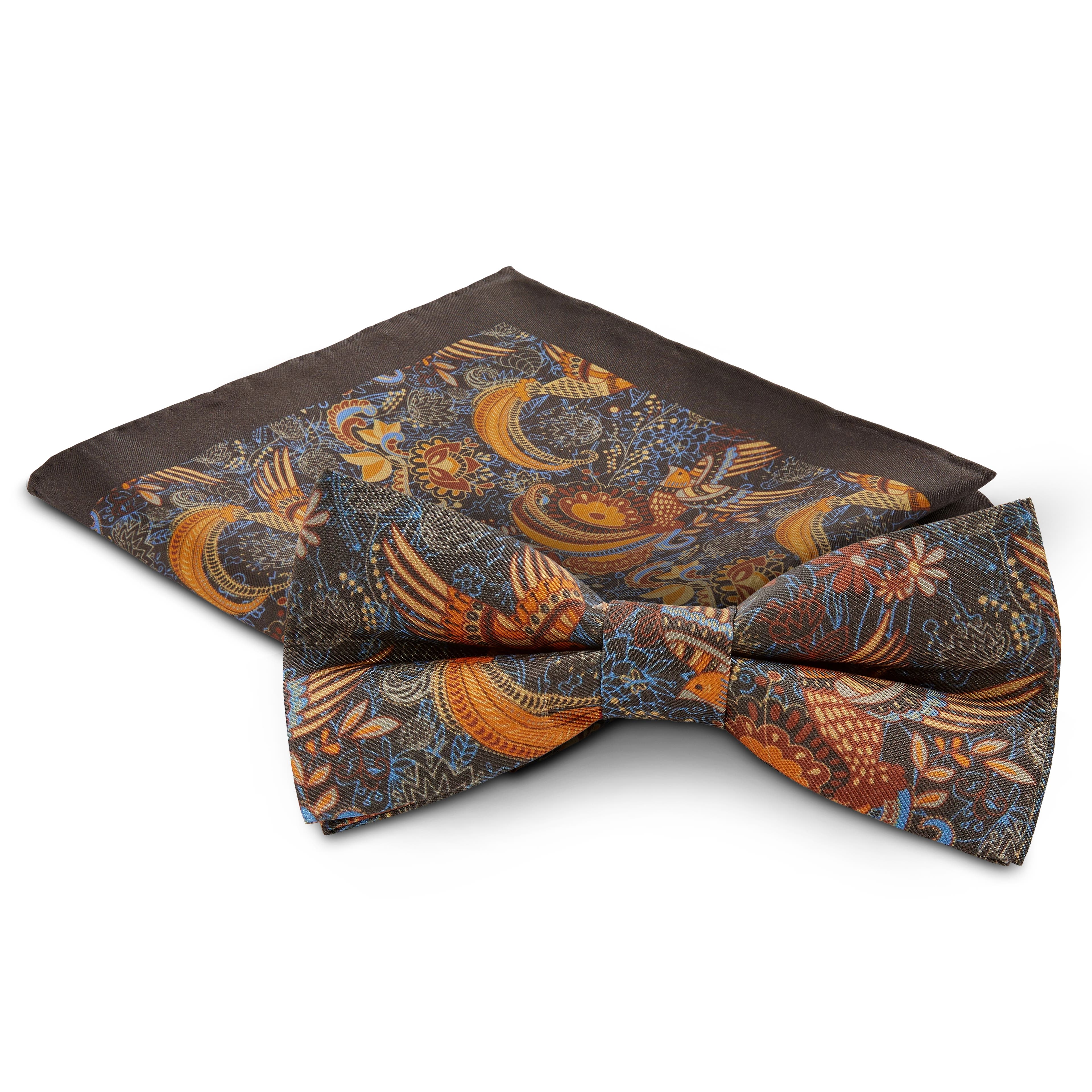 Brown Silk Pre-Tied Bow Tie and Pocket Square Set