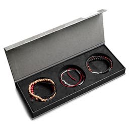 Caja de regalo de pulseras para hombre exclusiva | Ojo de tigre rojo, piedra de lava, cuero y madera