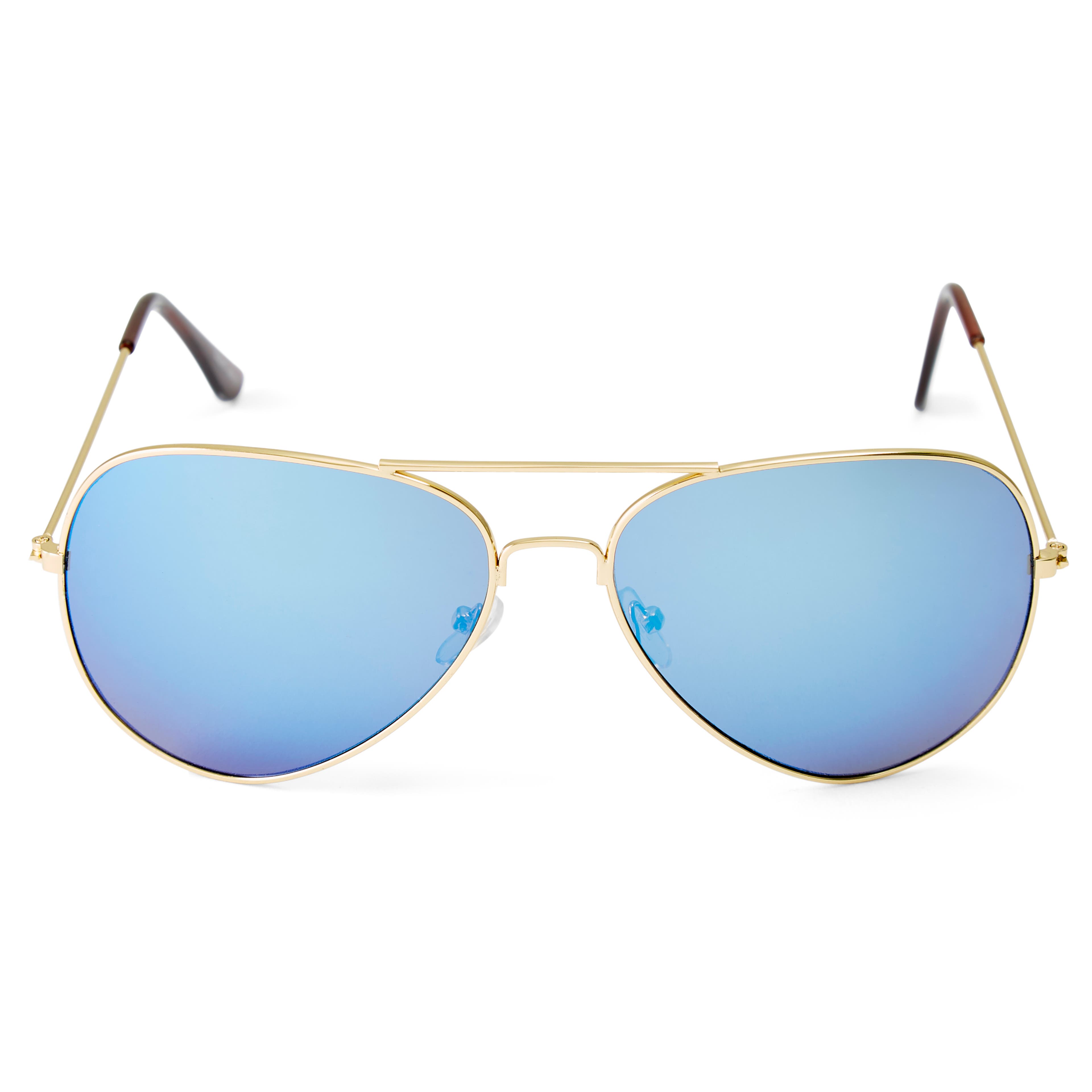 Авиаторски слънчеви очила със златисти рамки и сини стъкла