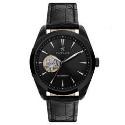 Fenes | Black Open-heart Skeleton Watch With Black Dial & Black Leather Strap
