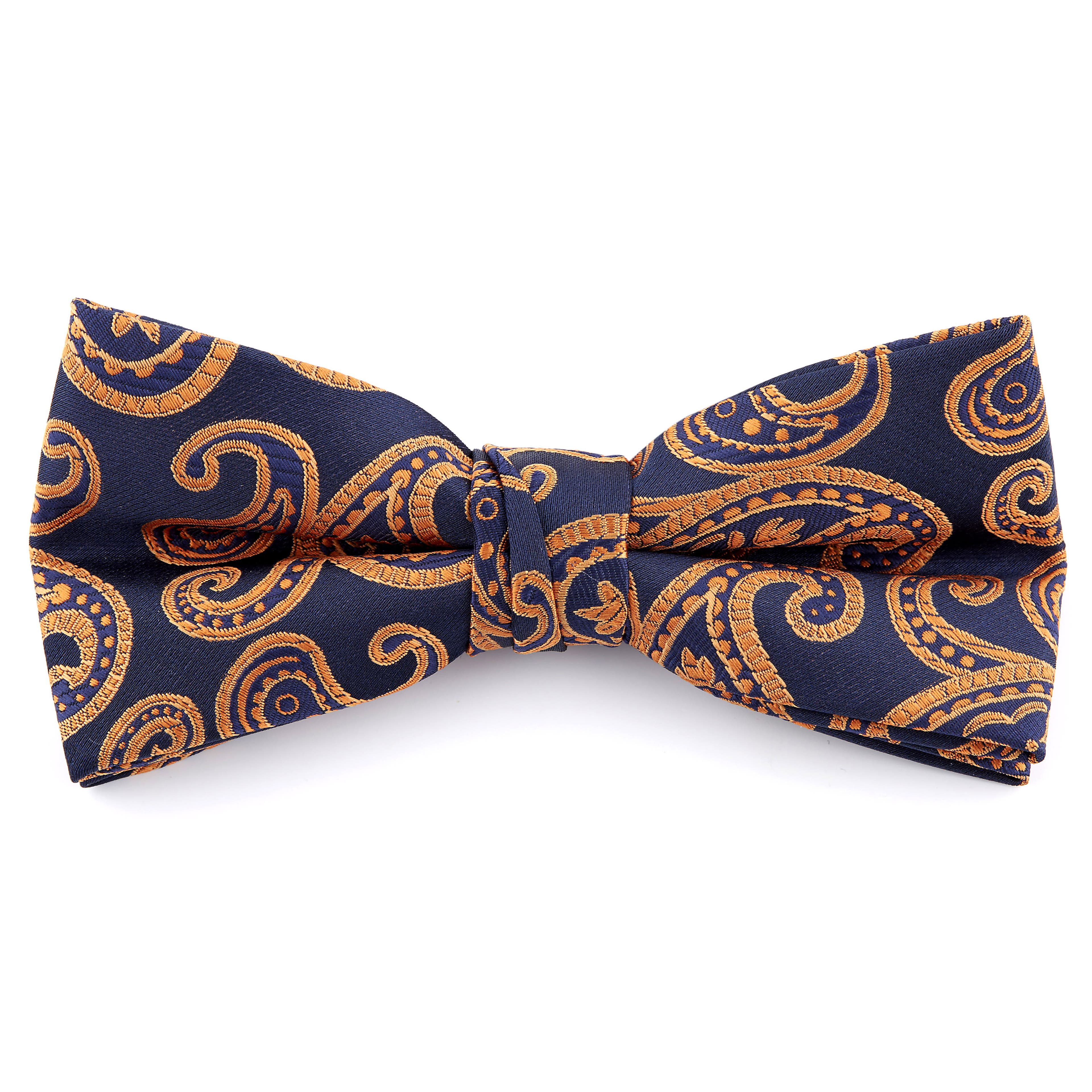 Navy & Orange Paisley Polyester Pre-Tied Bow Tie