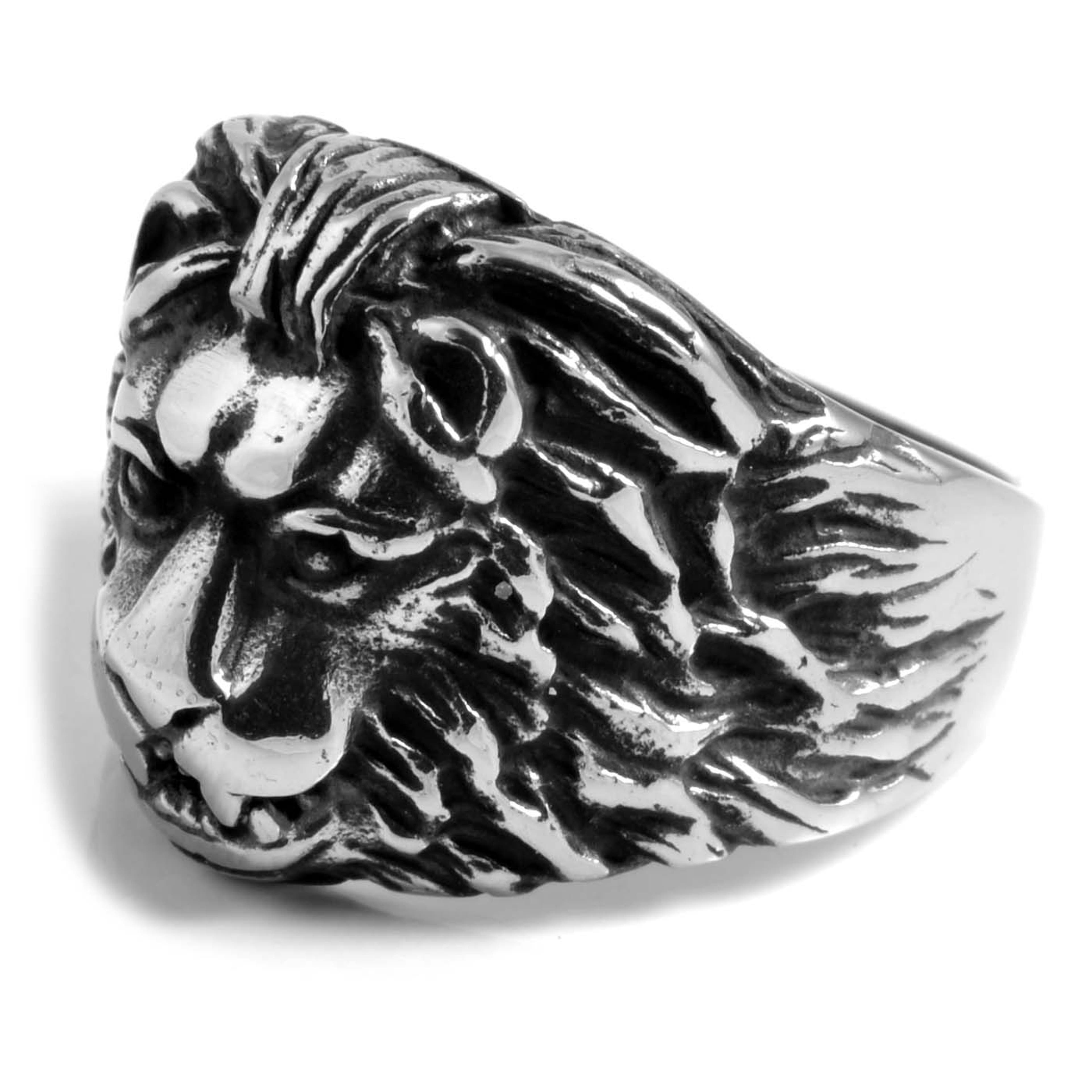 Silver-Tone & Black Stainless Steel Lion's Head Ring