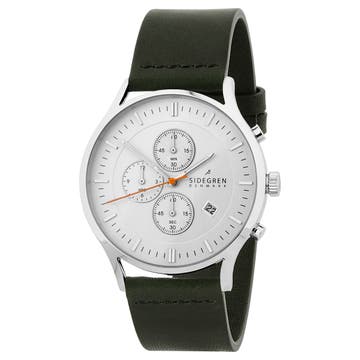 Revil | Silver-Tone Chronograph Watch With White Dial & Olive Green Leather Strap
