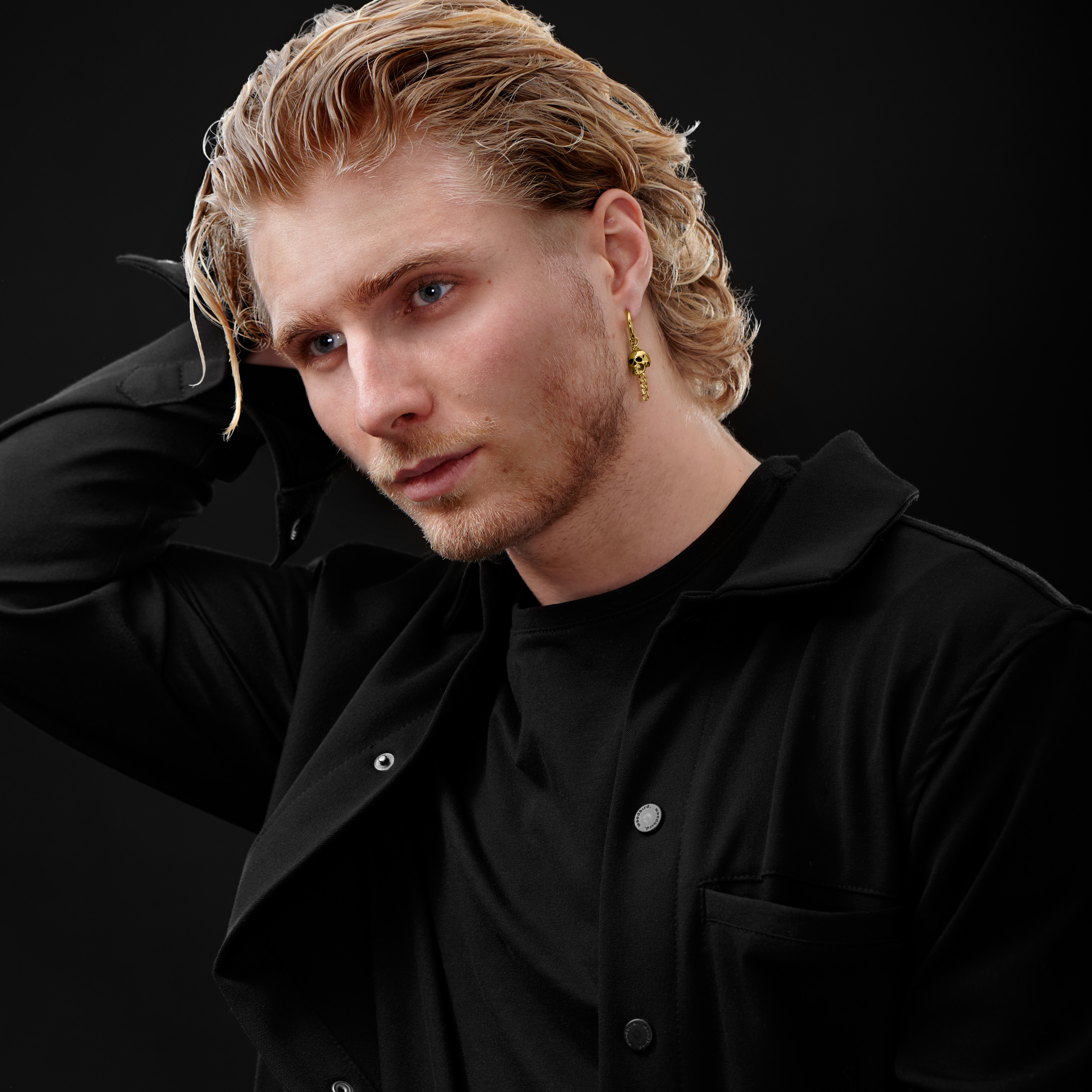 Gold-Tone Steel Drop Hoop Earring with Skull & Chain Charms - 3