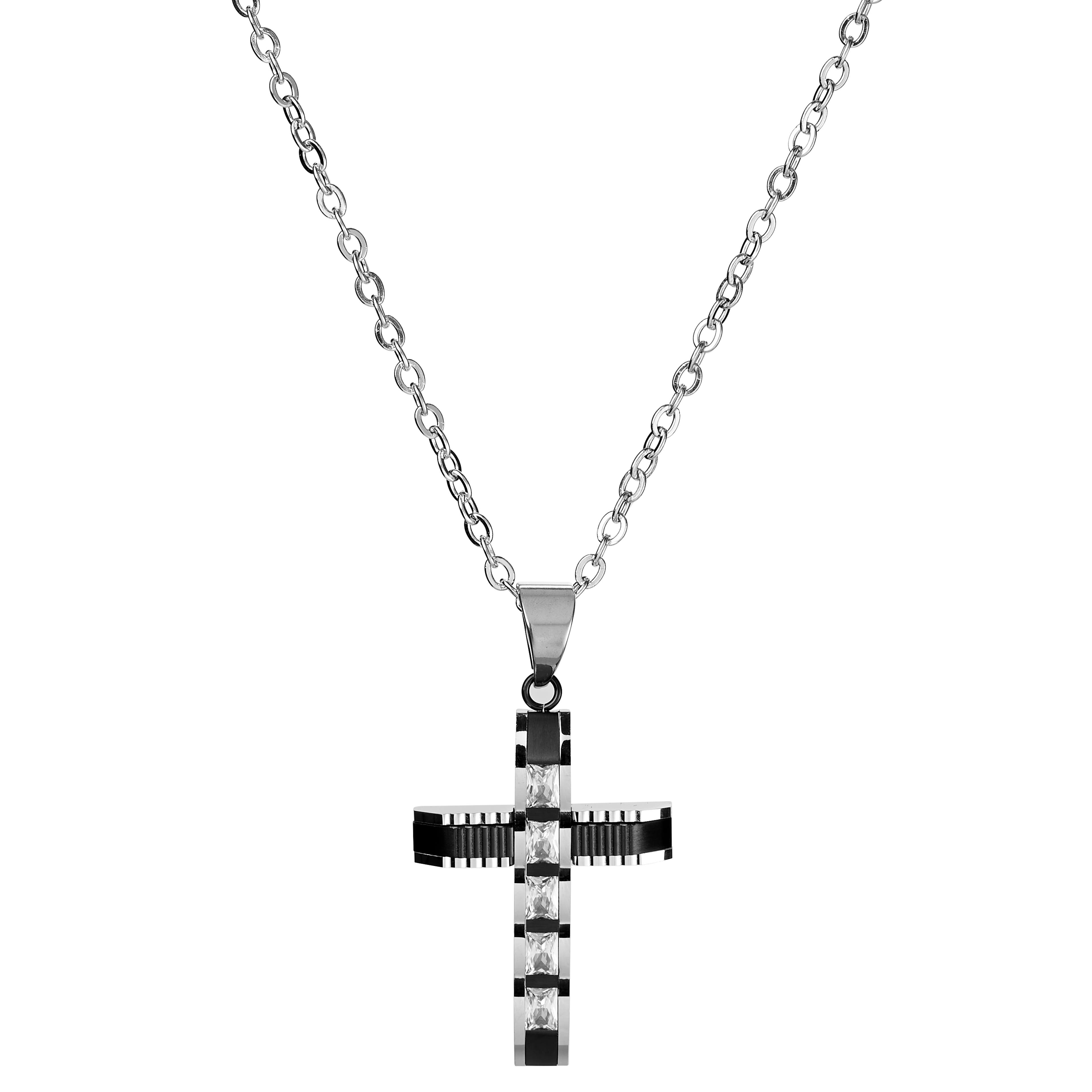 Silver-Tone Stainless Steel  Iced Cross Cable Chain Necklace