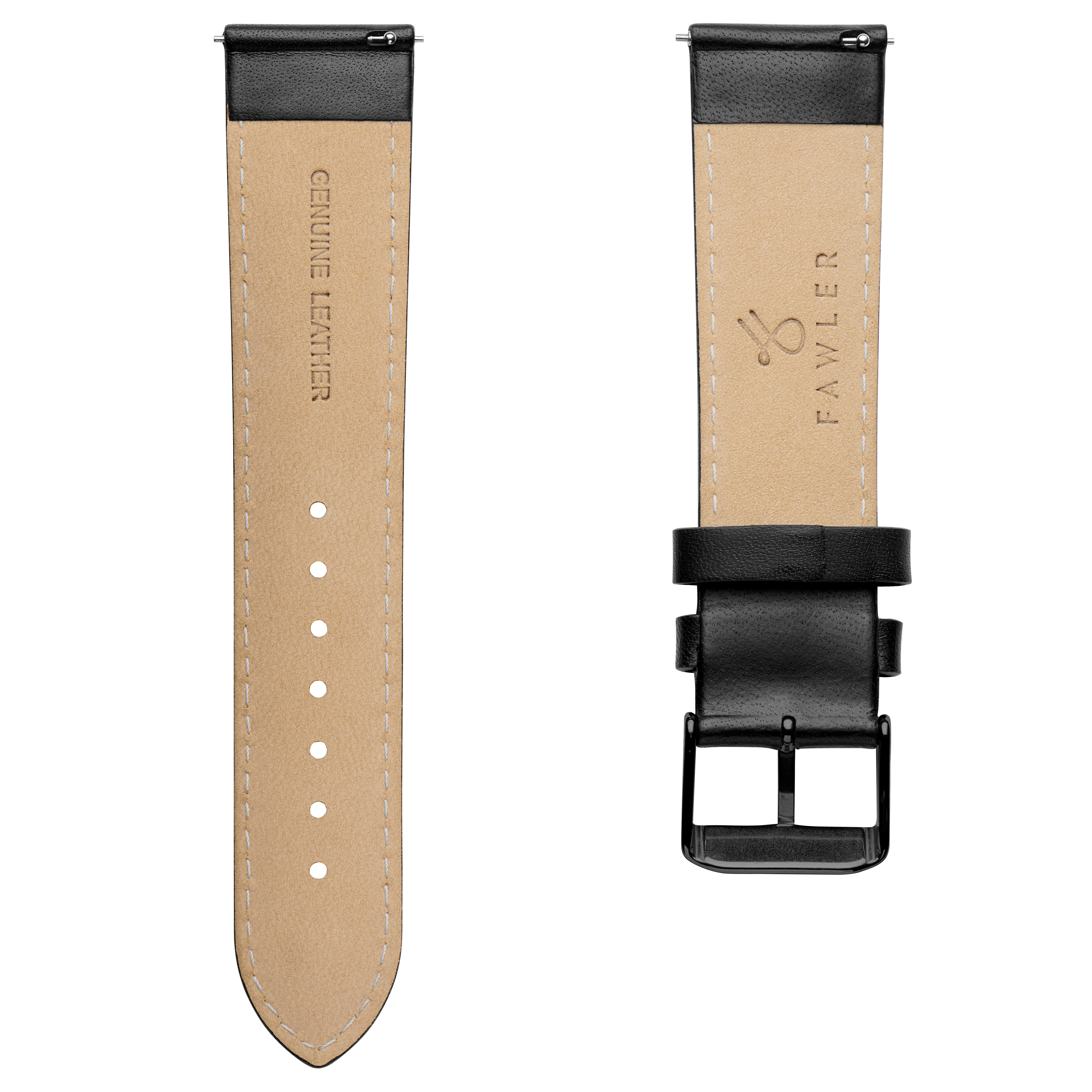 Classic Black 7/8" (22 mm) Leather Watch Strap With Black Buckle  - 3