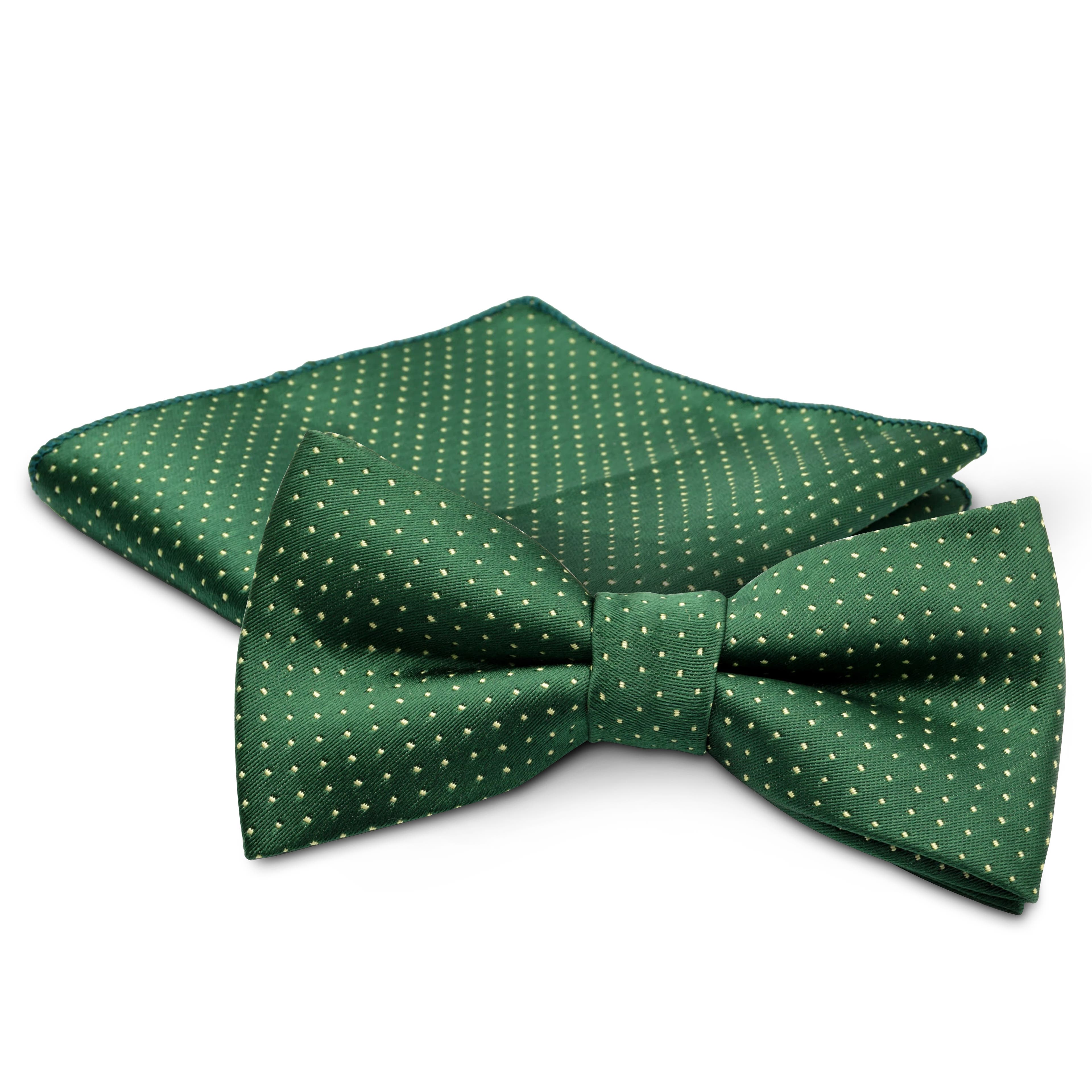Зелен комплект на точки от предварително завързана папийонка и кърпичка за сако