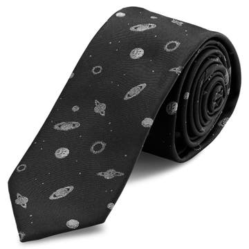 Cravate étroite noire à motifs de planètes