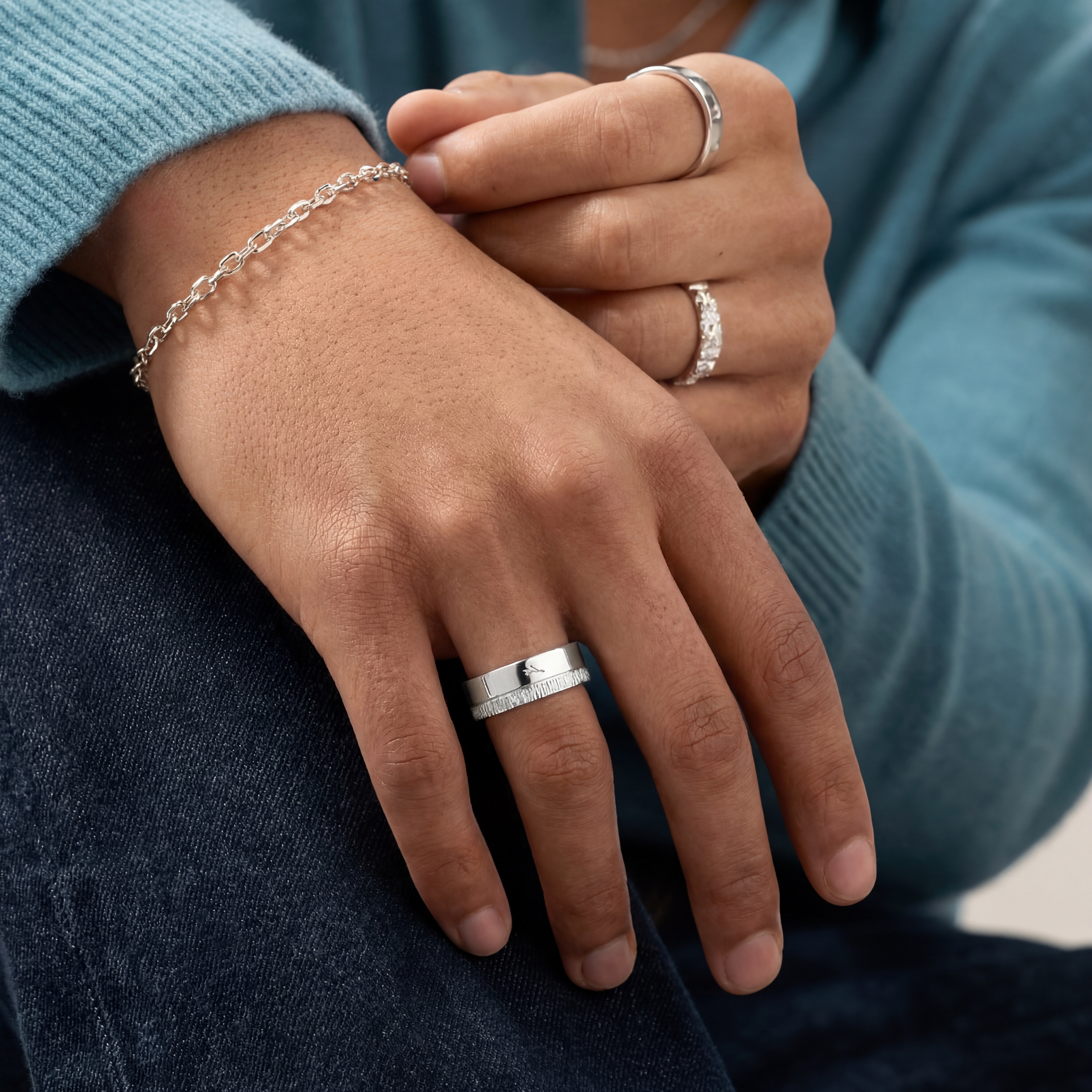 Adrian | 6 mm 925 Sterling Silver With Polished & Bark Texture Ring - 2