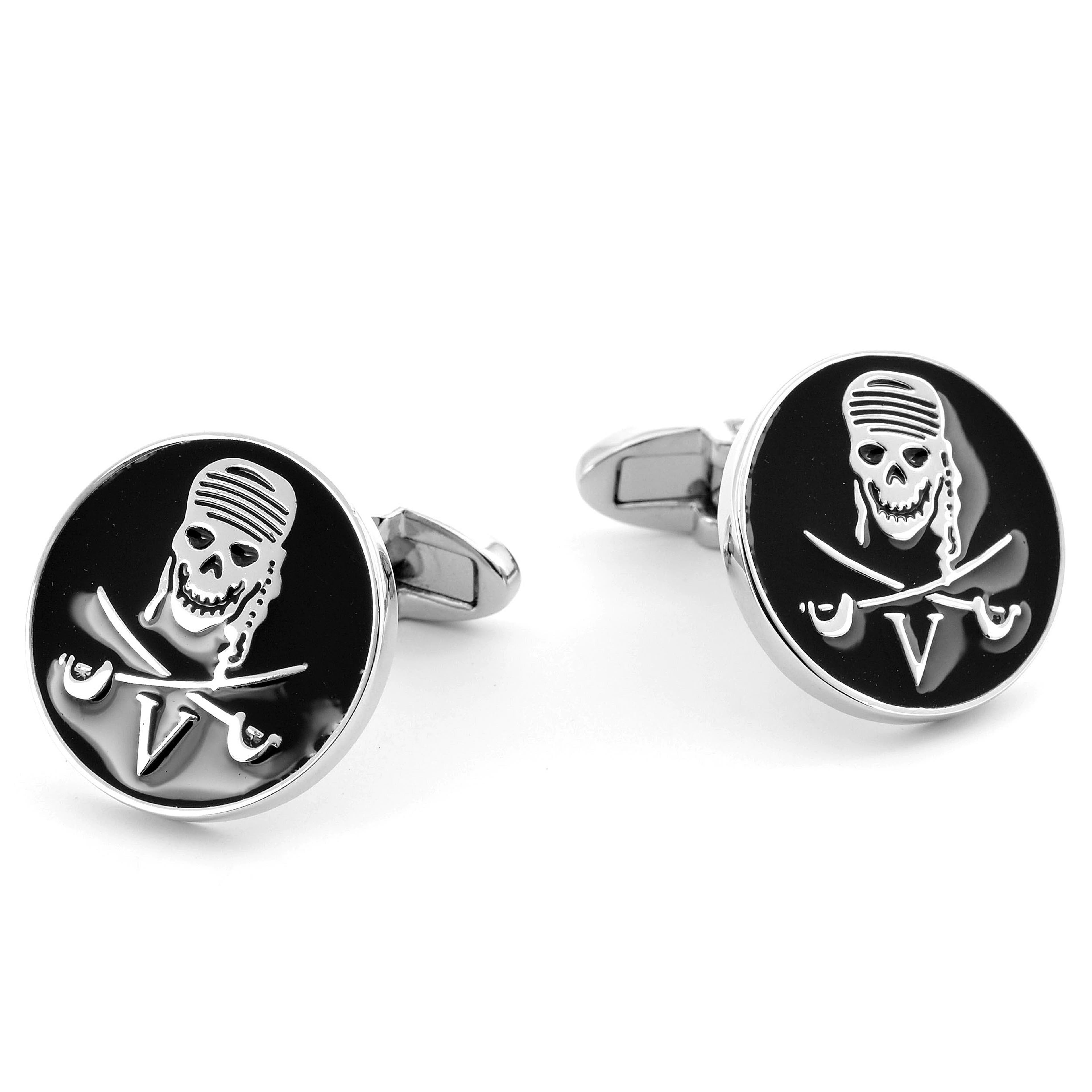 Round Black & Silver-Tone Pirate Cufflinks