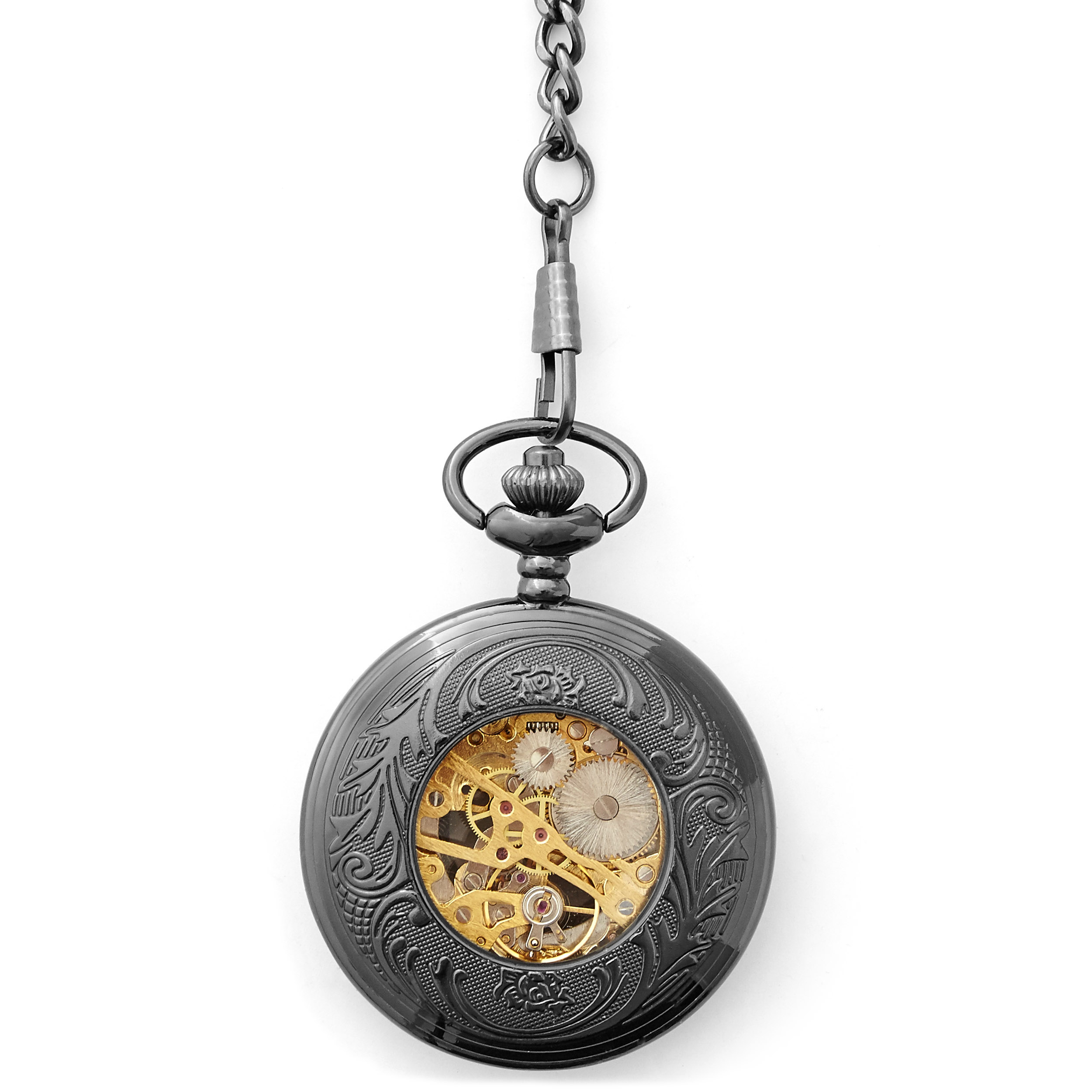 Small Black Ornate Skeleton Pocket Watch With Gold-Tone Movement & Black Cable Chain - 5