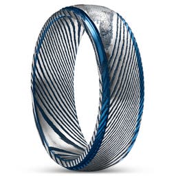 Fortis | Сиво-сребрист пръстен от дамаска стомана със сини ръбове и повдигната ивица 7 мм