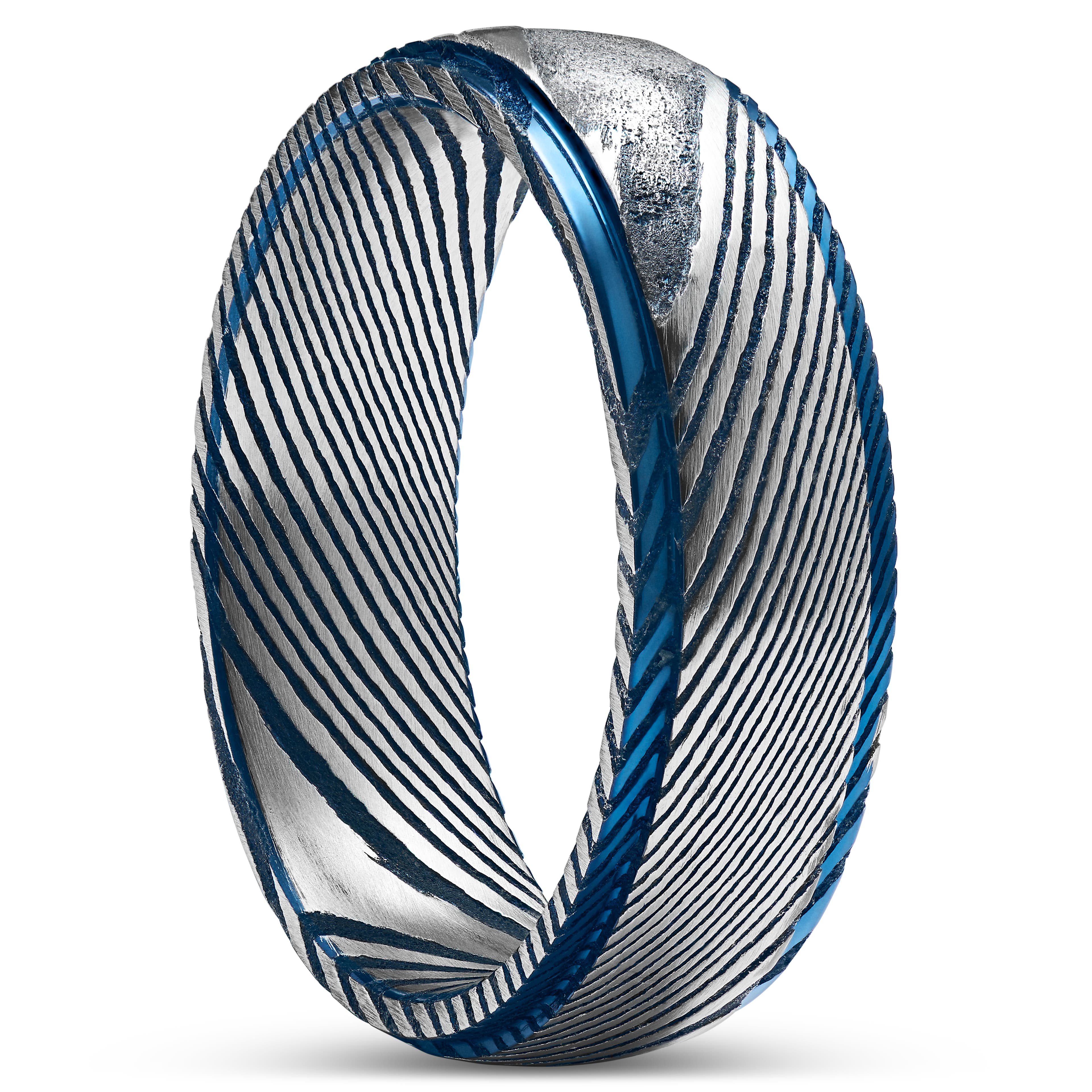 Fortis | 7 mm Gunmetal gray & Silver-Tone Damascus Steel With Blue Edges Ring