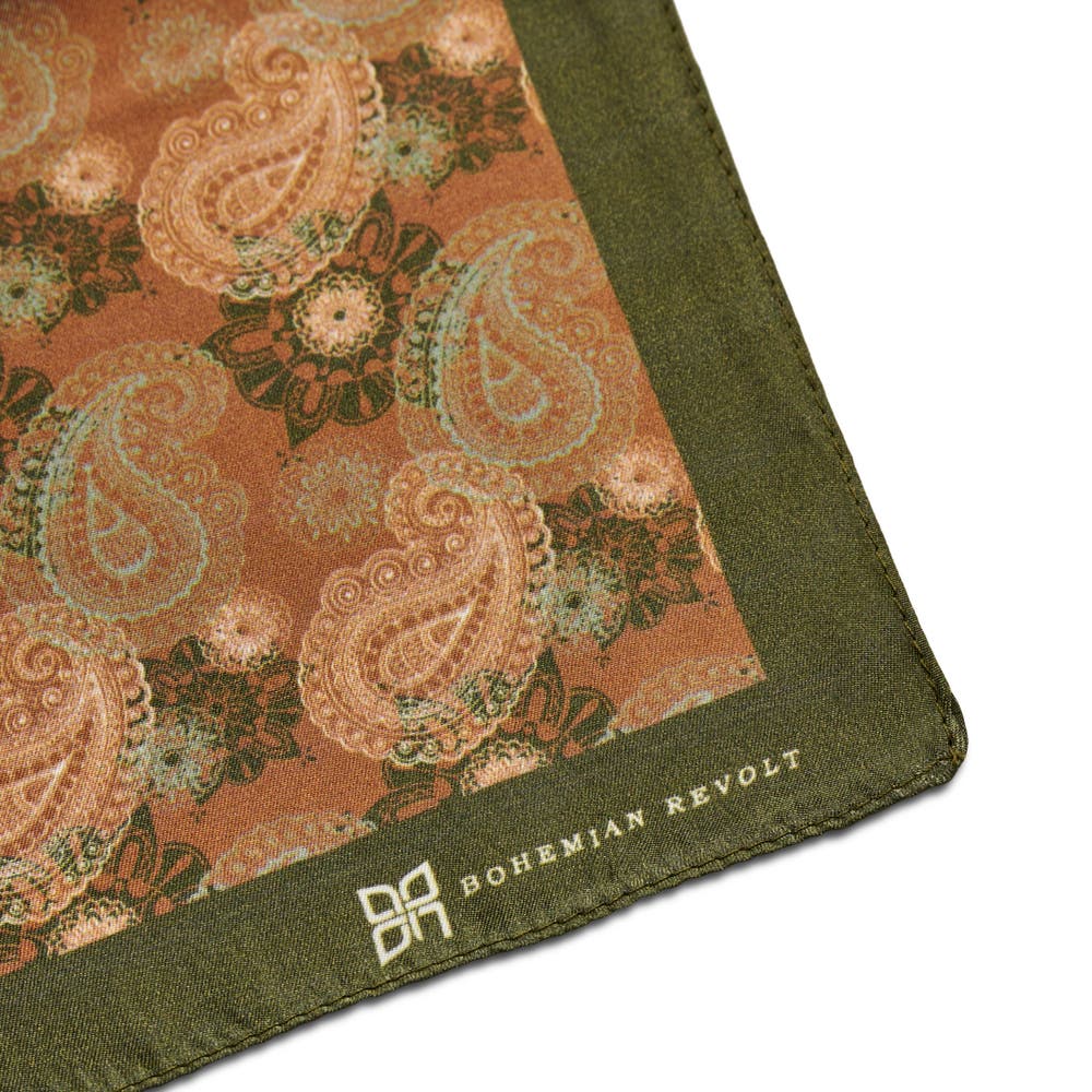 hover: Brux | Green & Orange Vintage Print Silk Neckerchief hover: Brux | Green & Orange Vintage Print Silk Neckerchief
