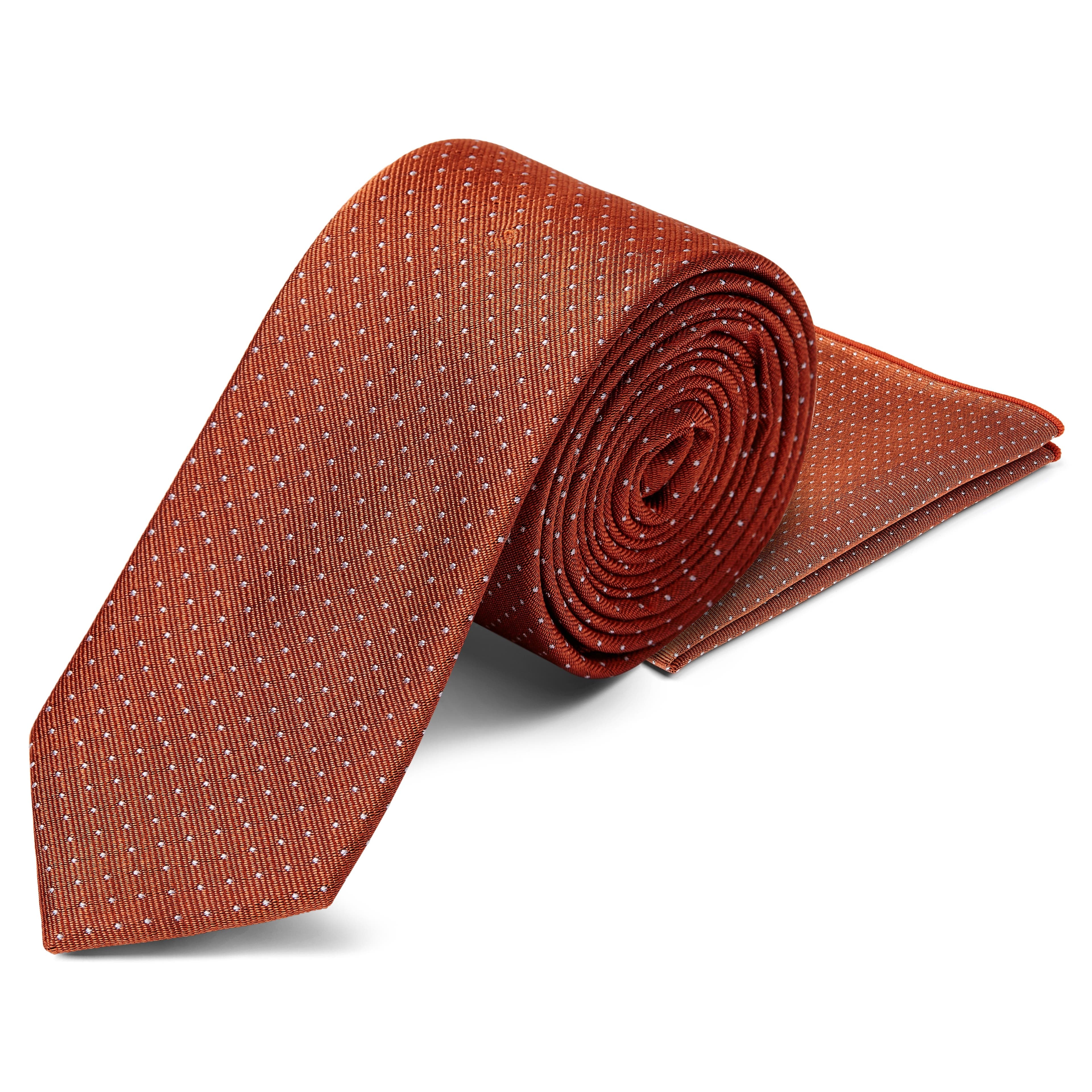 Копринен комплект вратовръзка и джобна кърпичка на точки в цвят коняк