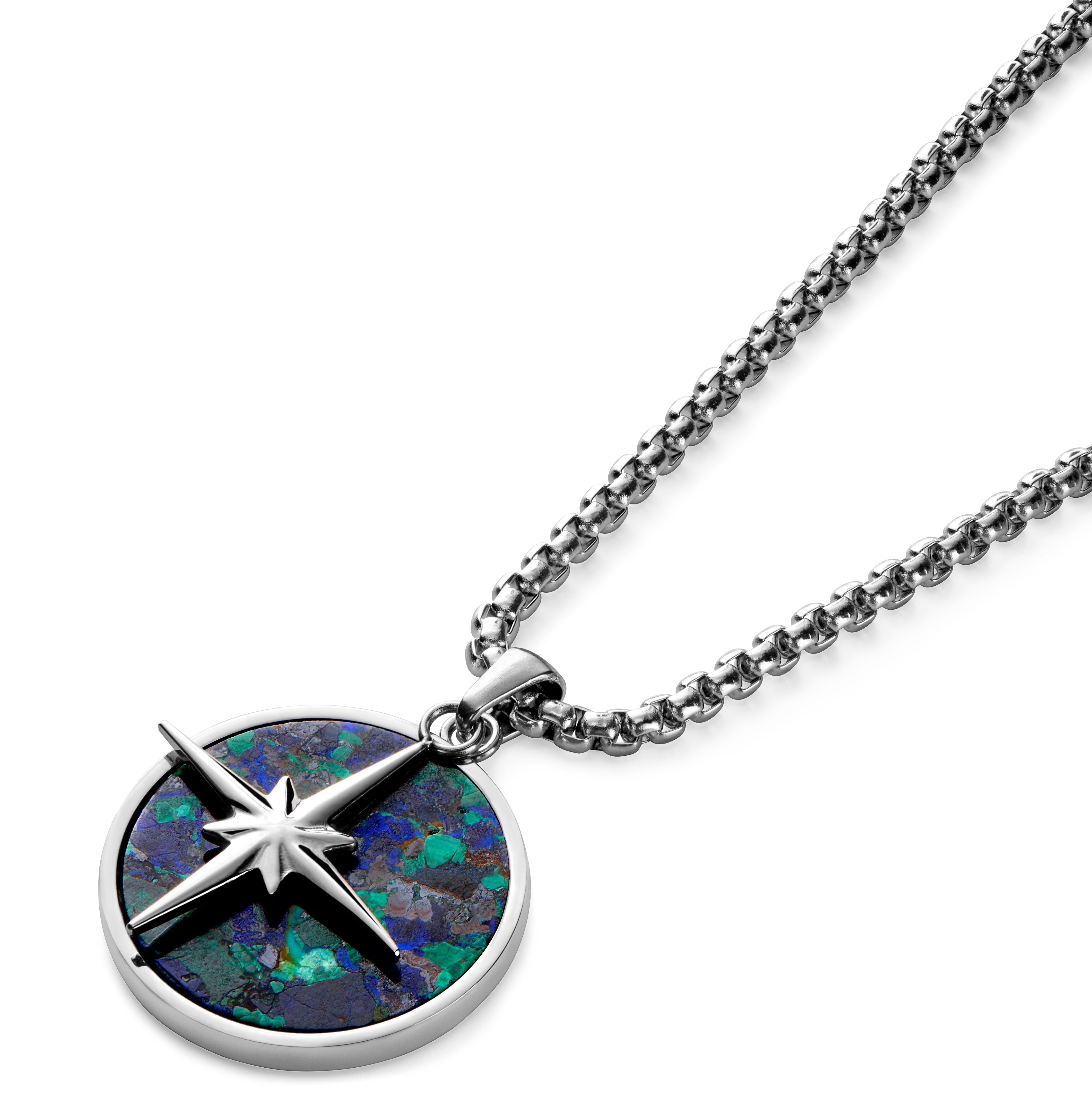 Atlas | Silberfarbene Halskette mit Azurmalachit und Nordstern-Anhänger - 5