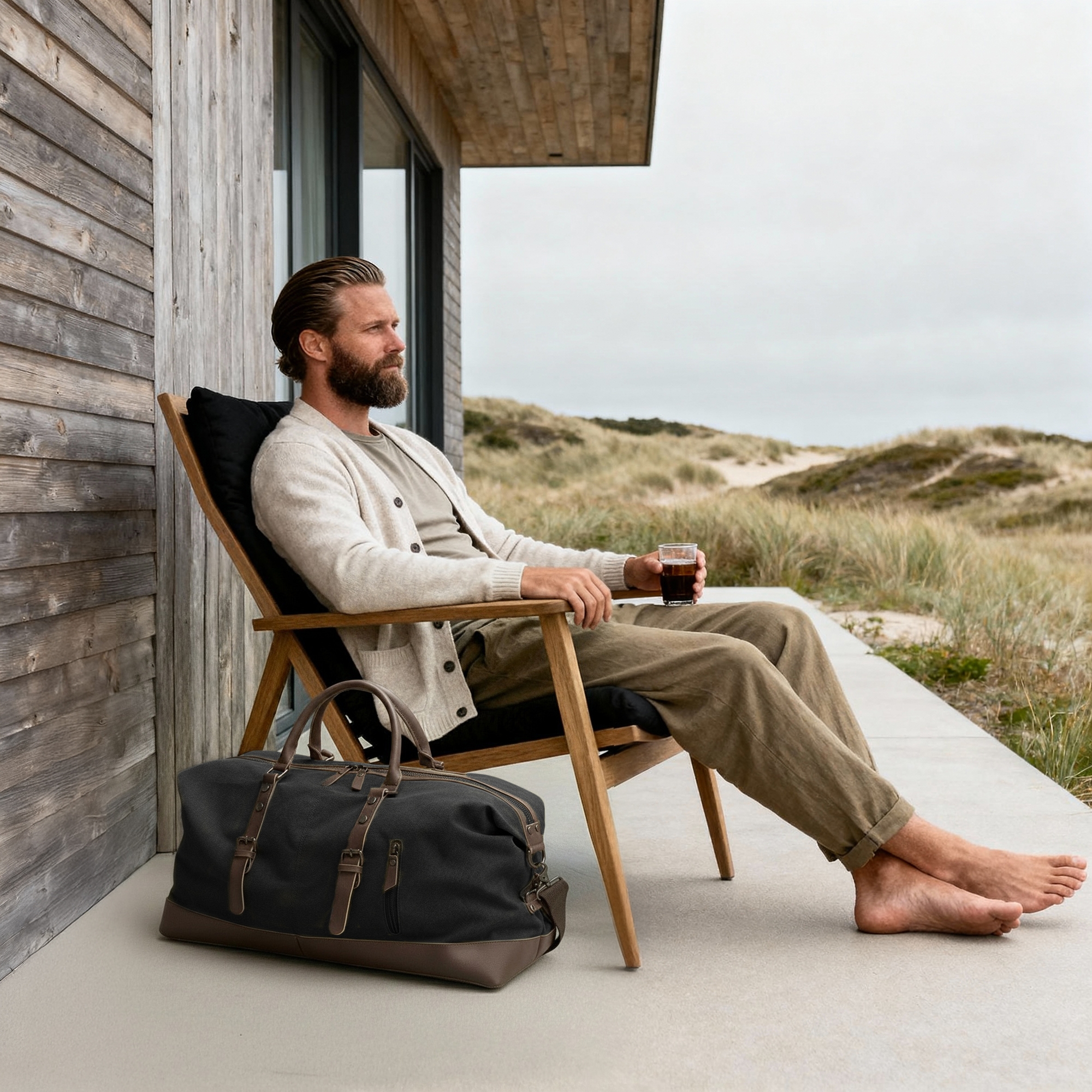 Ретро сак от графитен брезент и кафява кожа - 2