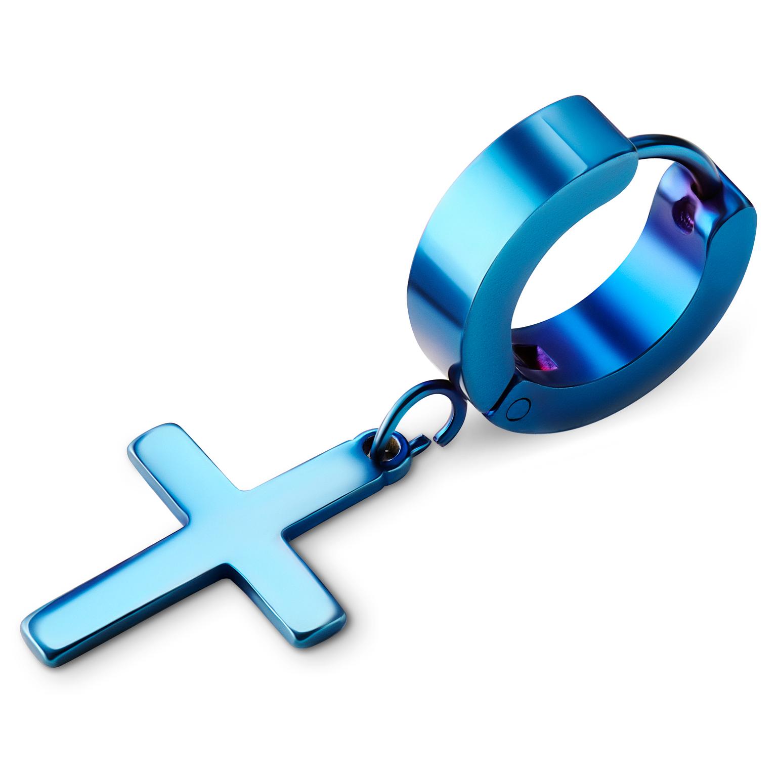 Blue Stainless Steel Cross Hoop Earring Blue Stainless Steel Cross Hoop Earring