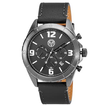 Alton | Gunmetal Chronograph Watch With Black Dial & Black Leather Strap