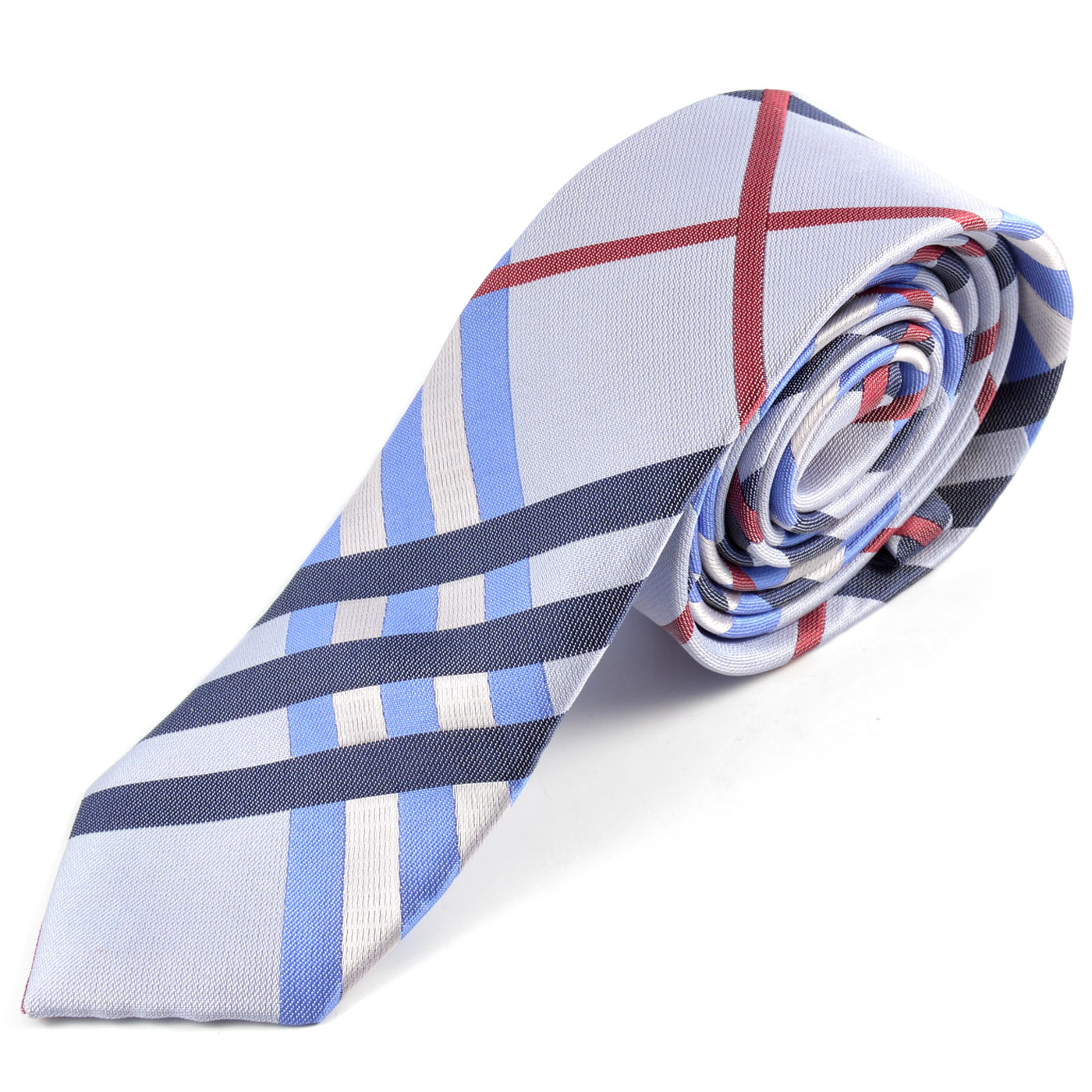 Grey, Blue & Red Chequered Polyester Tie