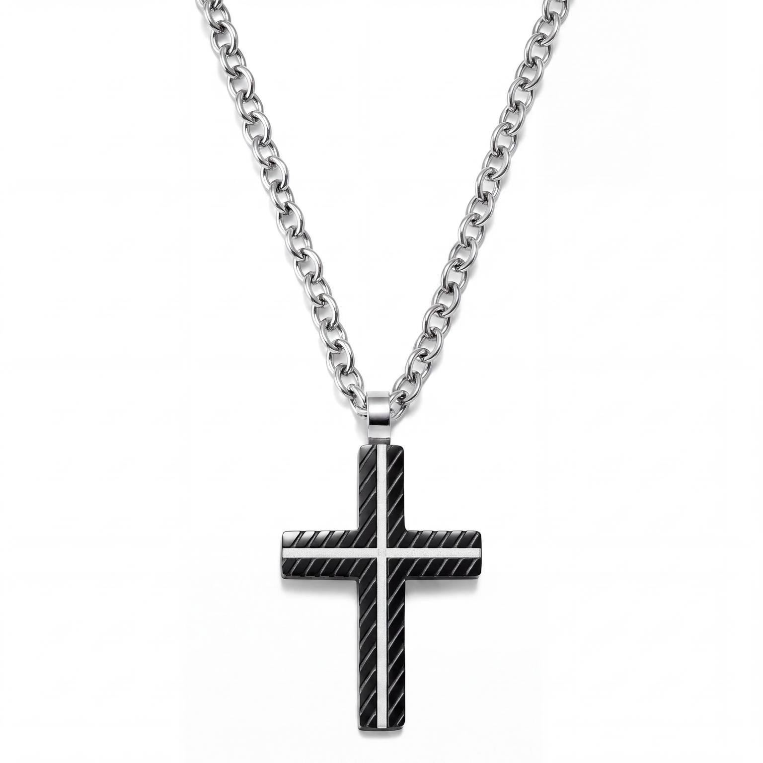 Black Stainless Steel With Black & White Cross Cable Chain Necklace Black Stainless Steel With Black & White Cross Cable Chain Necklace