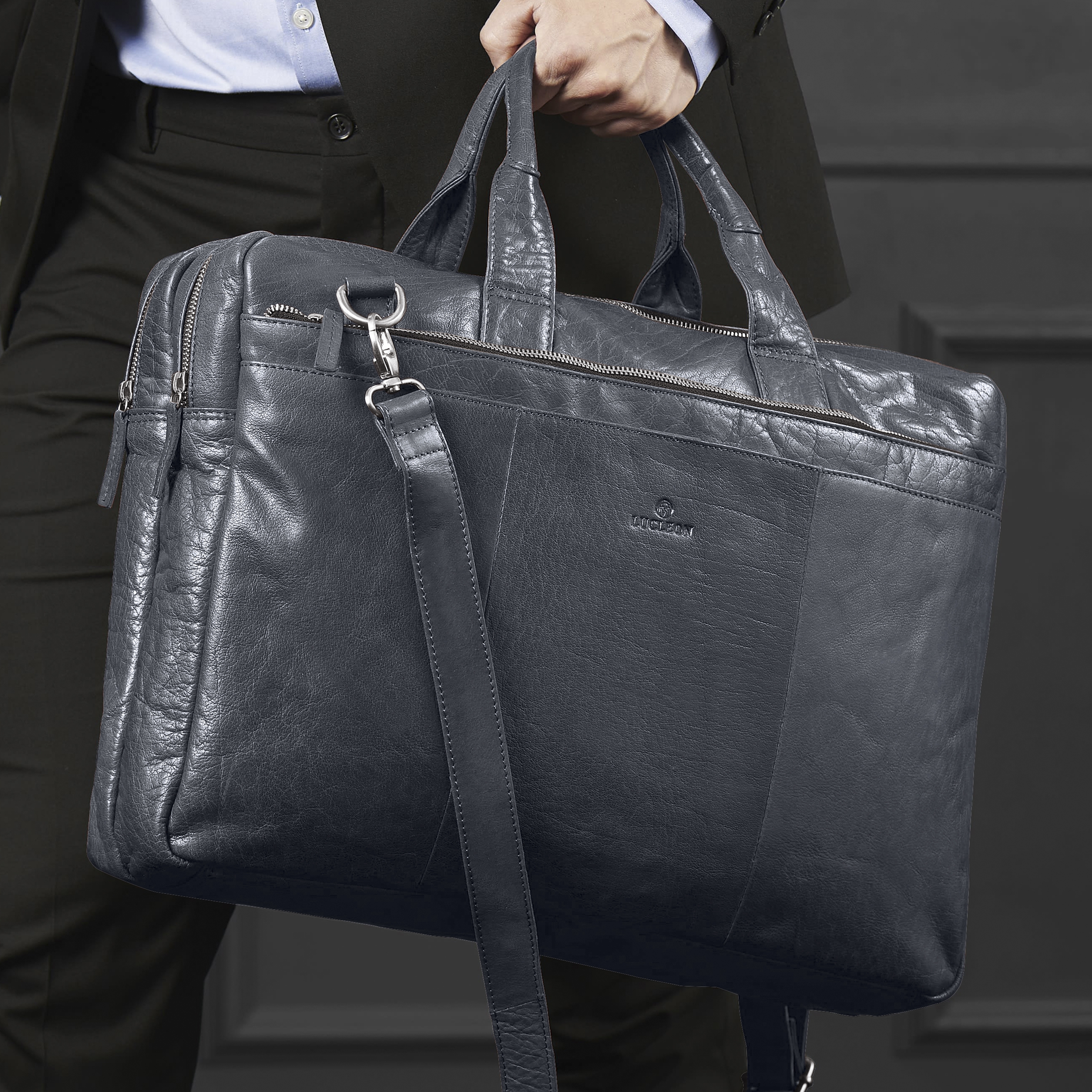 Sac Montreal XL en cuir bleu marine pour ordinateur portable  - 16