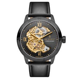 Dante II | Reloj esqueleto de acero inoxidable con correas de cuero en negro y dorado