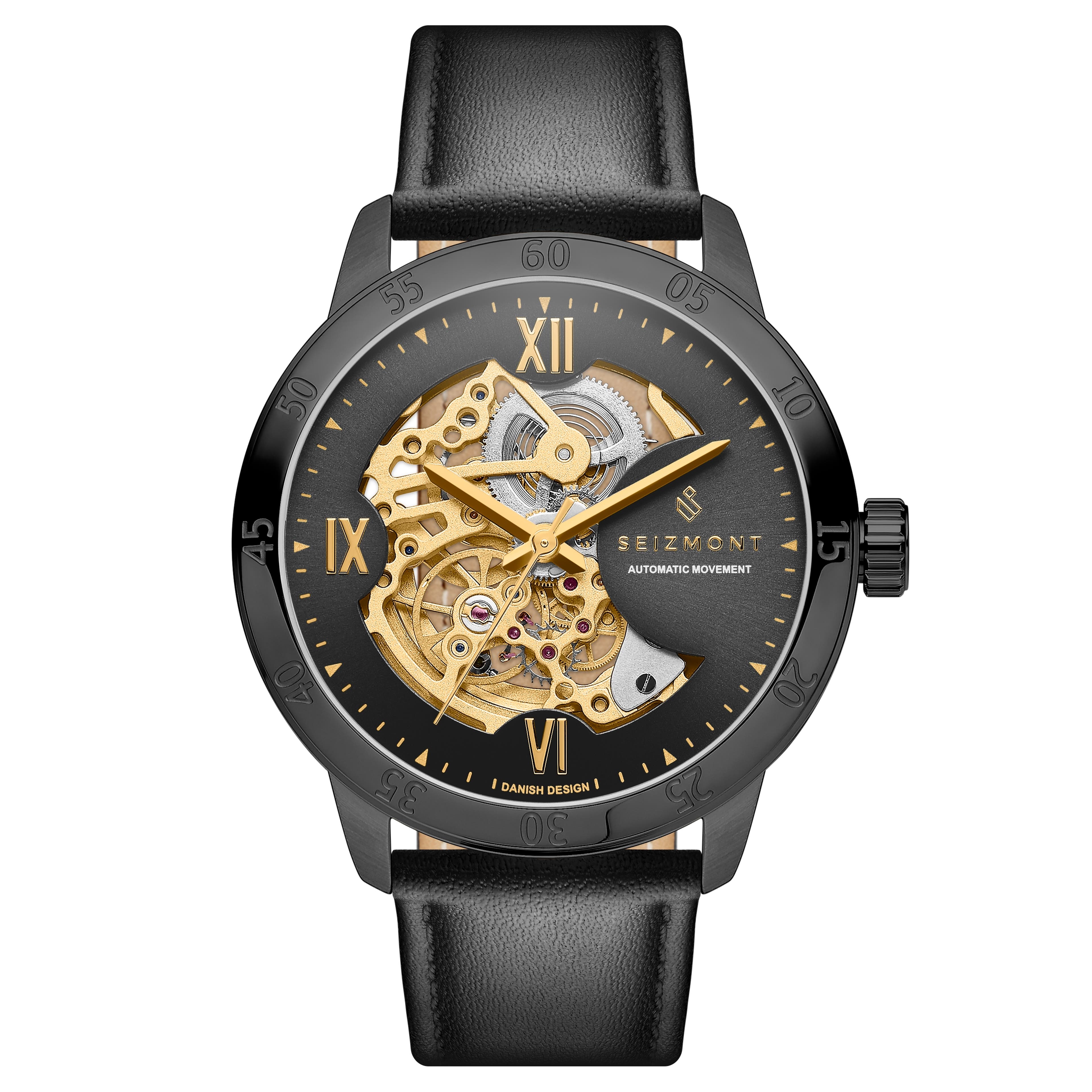 Dante II |  Montre squelette en acier inoxydable couleur noir et or avec bracelet en cuir