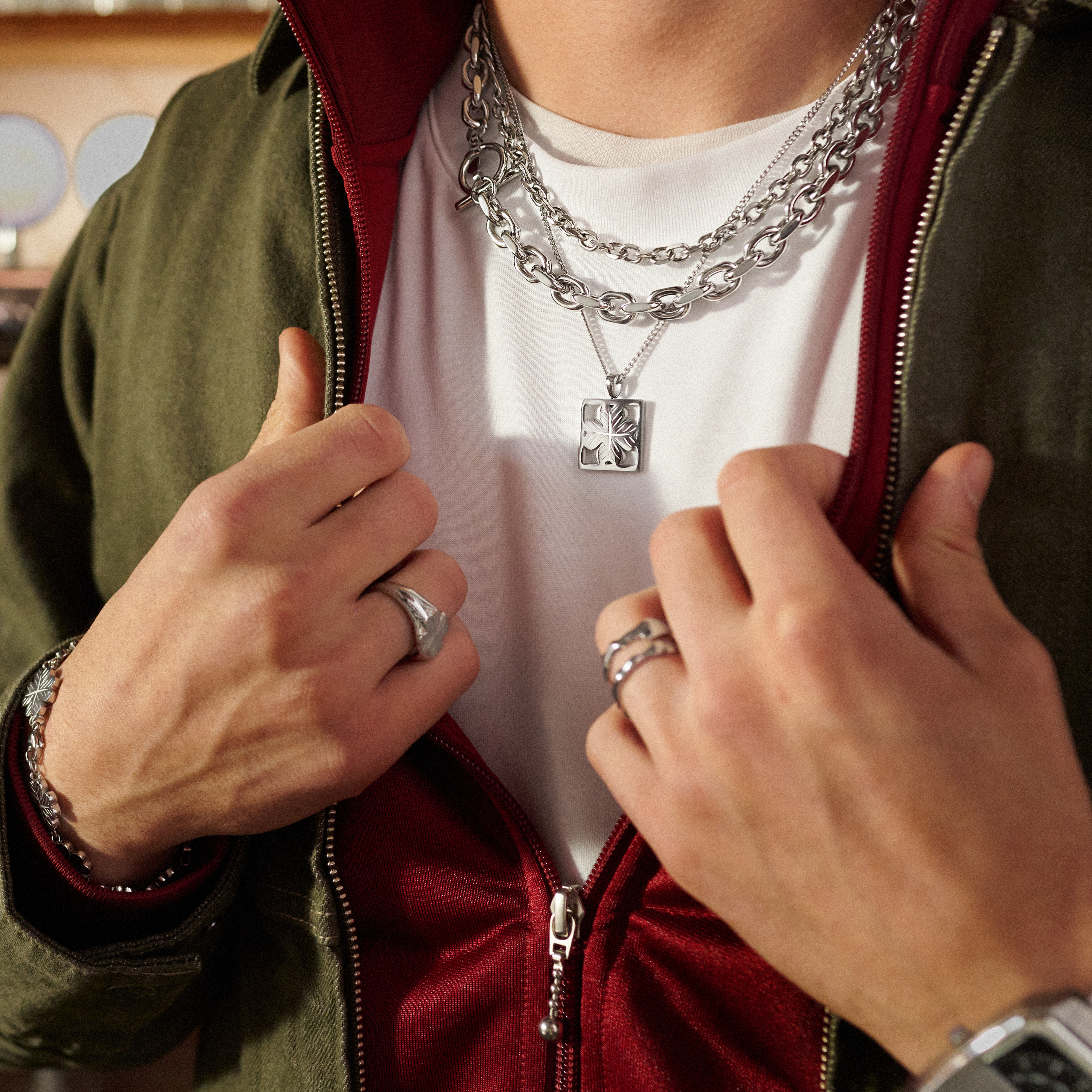 Clover | Ezüst tónusú rozsdamentes acél nagy lóhere medál nyaklánc - 5