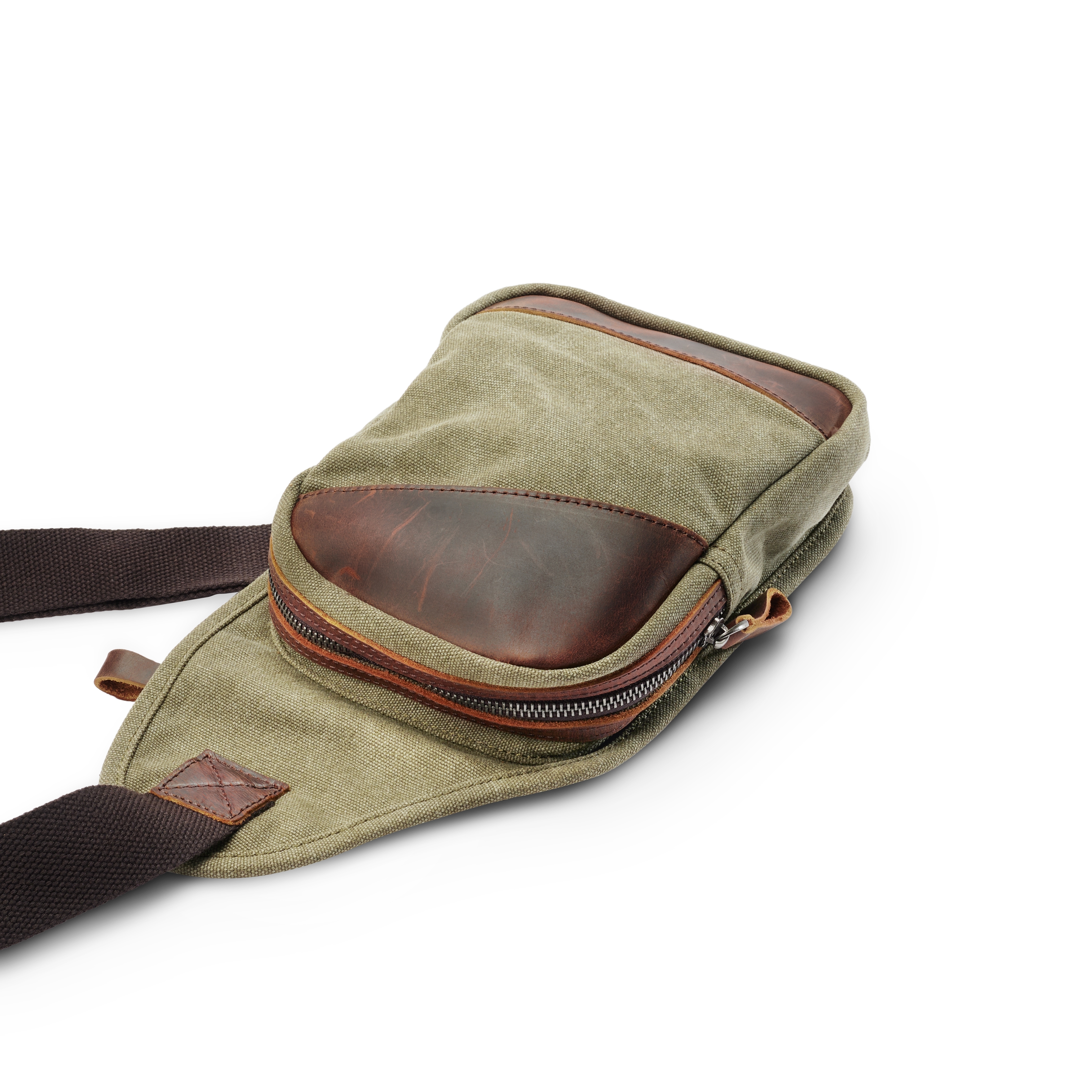 Army Green Canvas & Leather Crossbody Shoulder Bag - 5