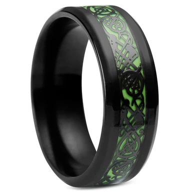 Black Stainless Steel Glow-In-The-Dark Celtic Dragon Pattern Ring Black Stainless Steel Glow-In-The-Dark Celtic Dragon Pattern Ring
