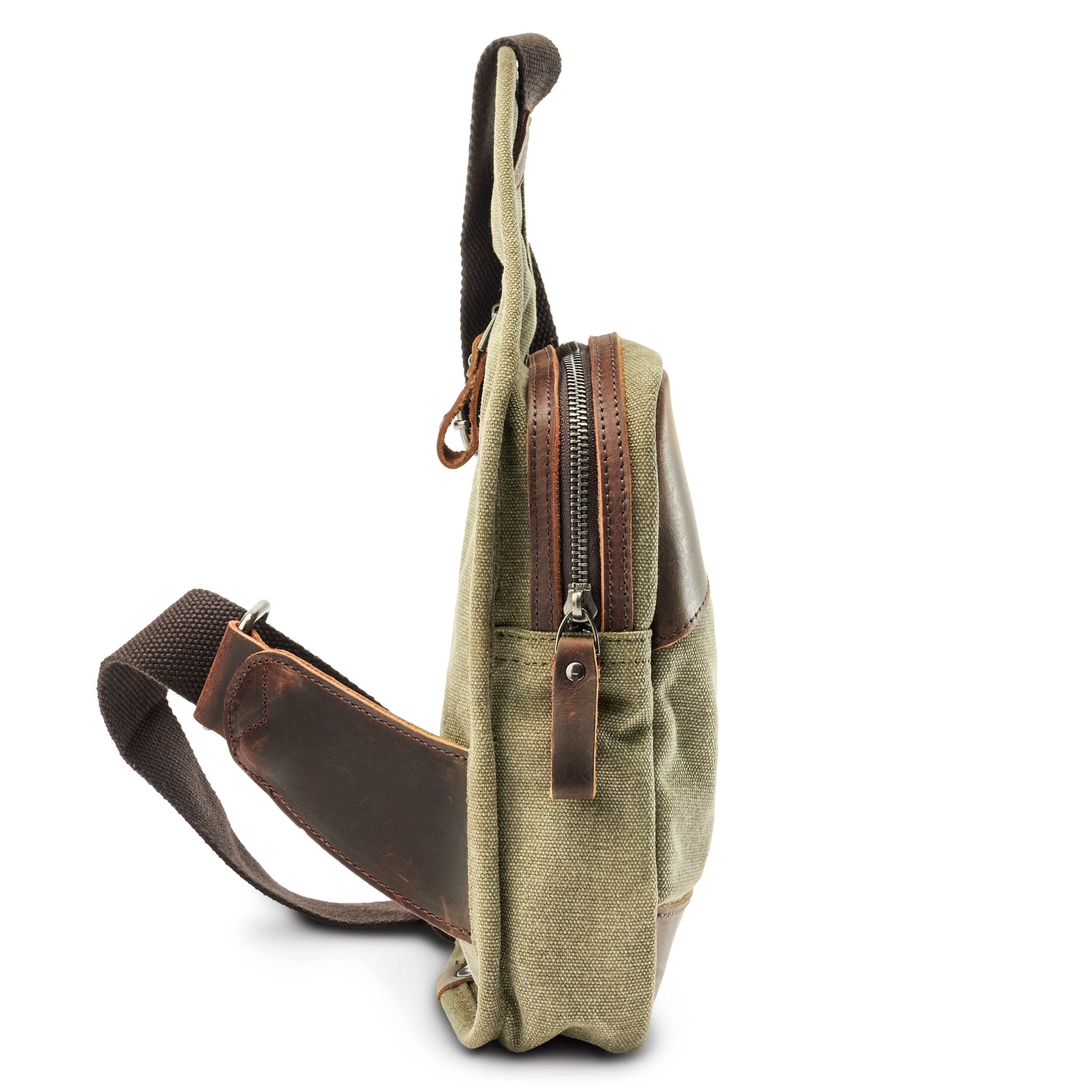 Army Green Canvas & Leather Crossbody Shoulder Bag - 3