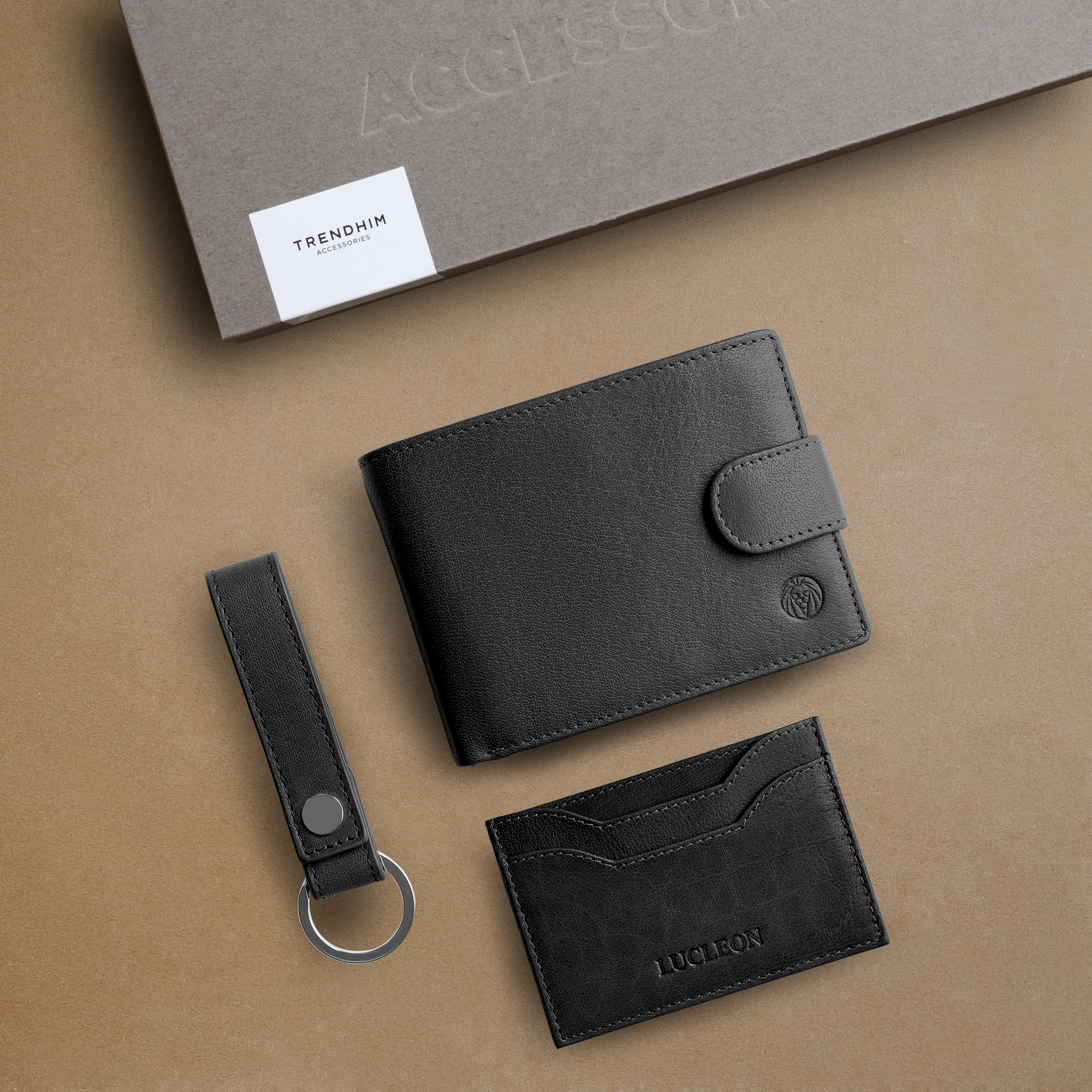 Svart RFID-blockerande Plånbok och Korthållare, och Nyckelring Buffelläder Presentpaket - 2