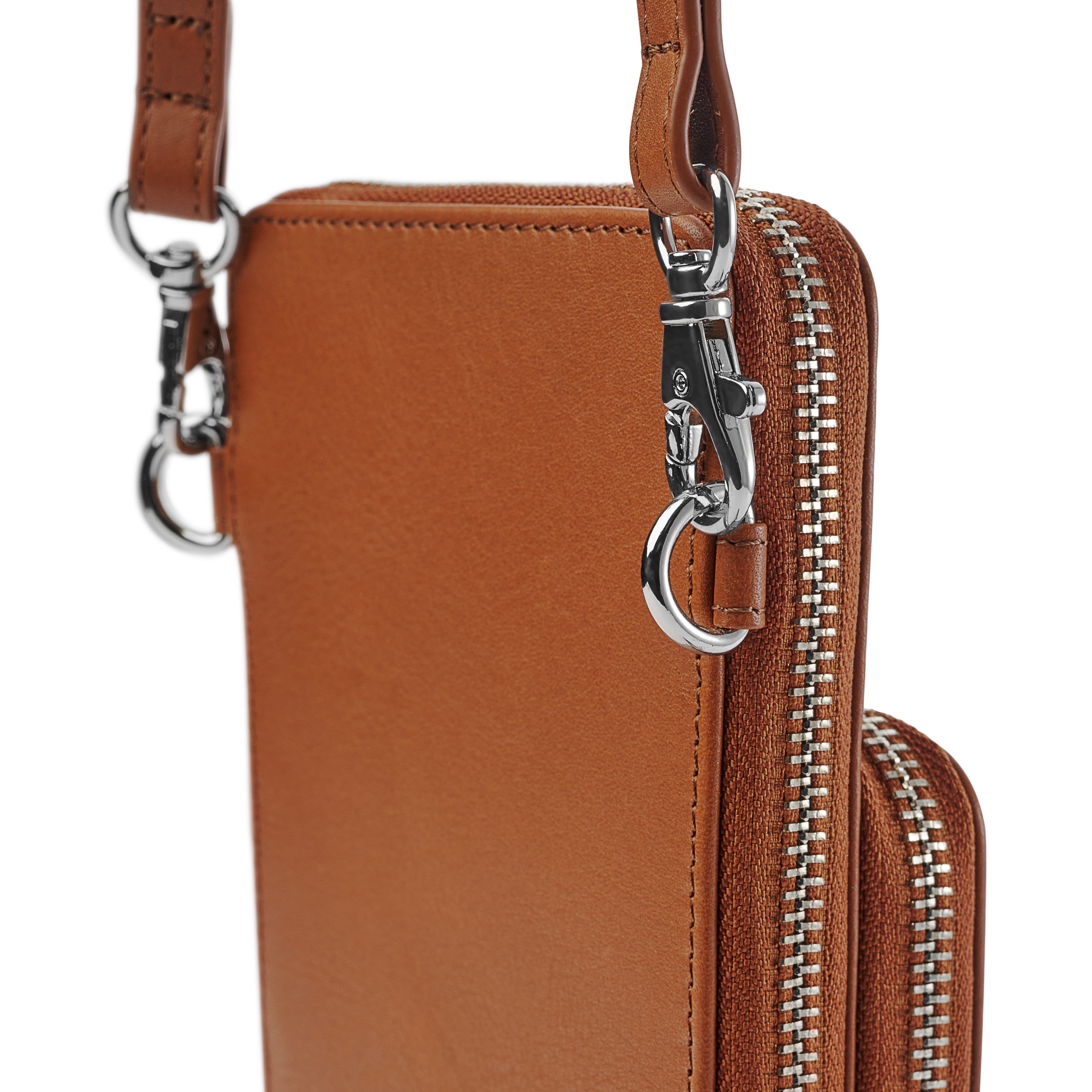 Кожена чантичка за телефон с джоб за портфейл в цвят коняк - 5