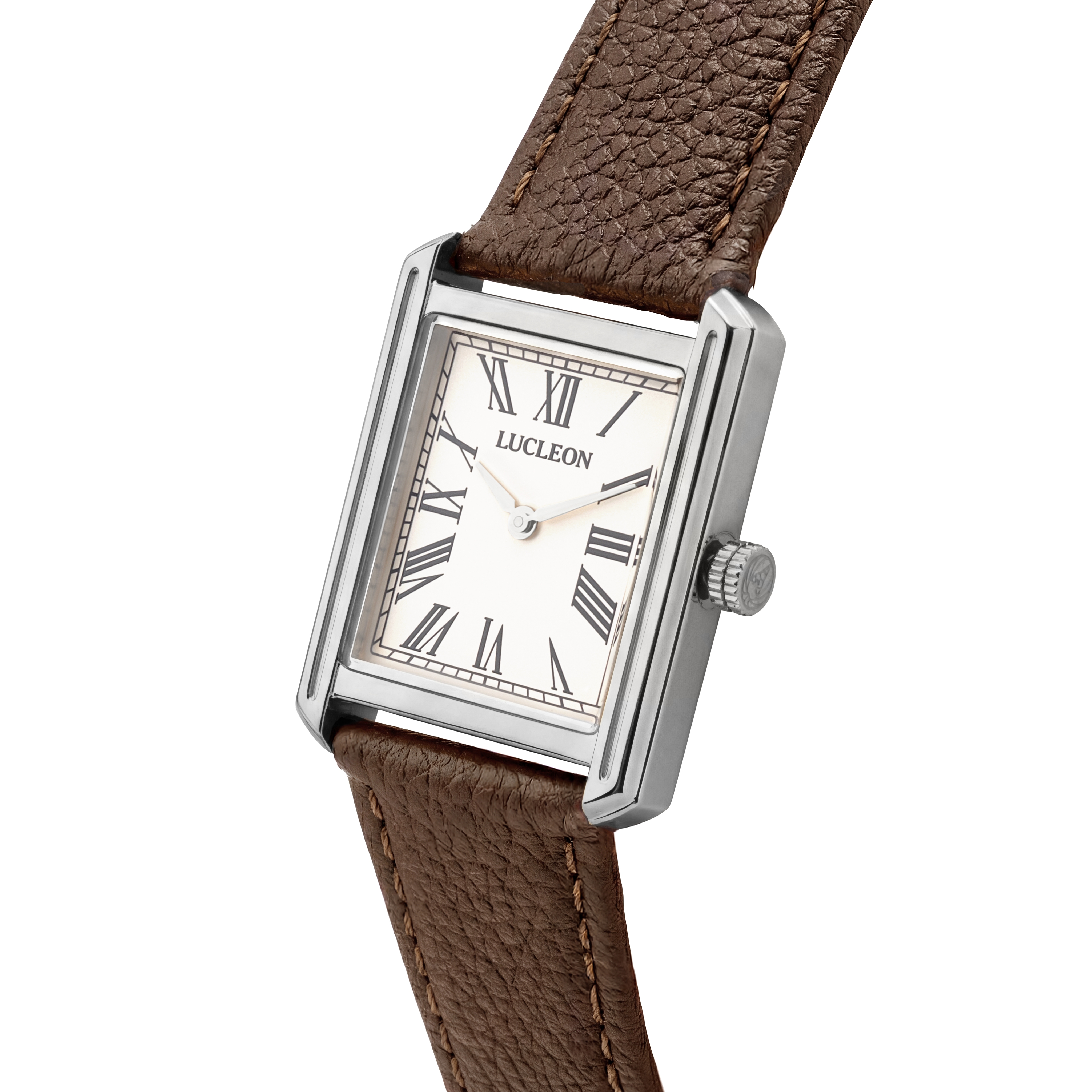 Legacy | Retro Sølvtonet Firkantet Ur med Cremefarvet Urskive, Romertal & Brun Læderrem - 2