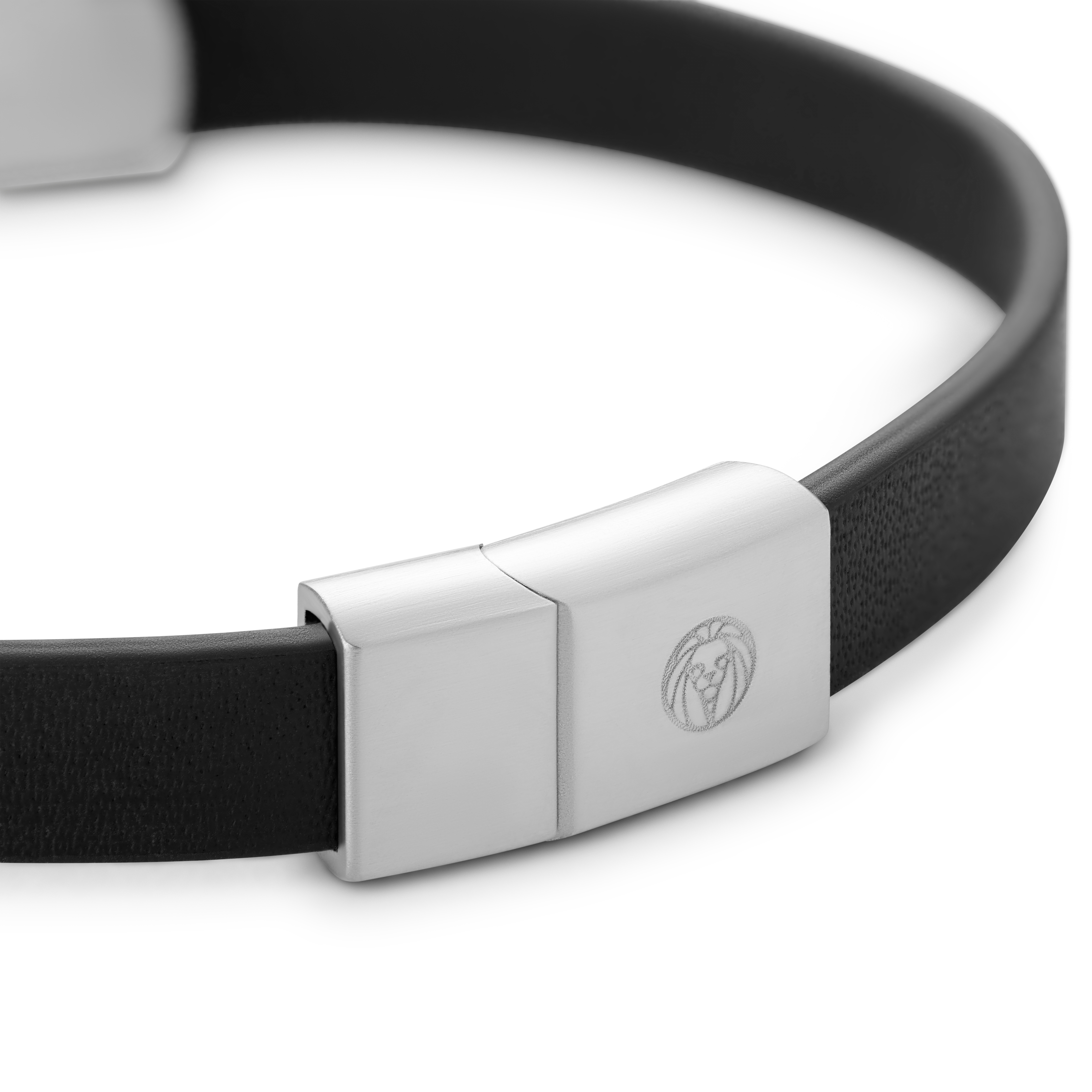 Nomen |  Bracelet en cuir noir avec plaque d'identification rayée en métal argenté - 5