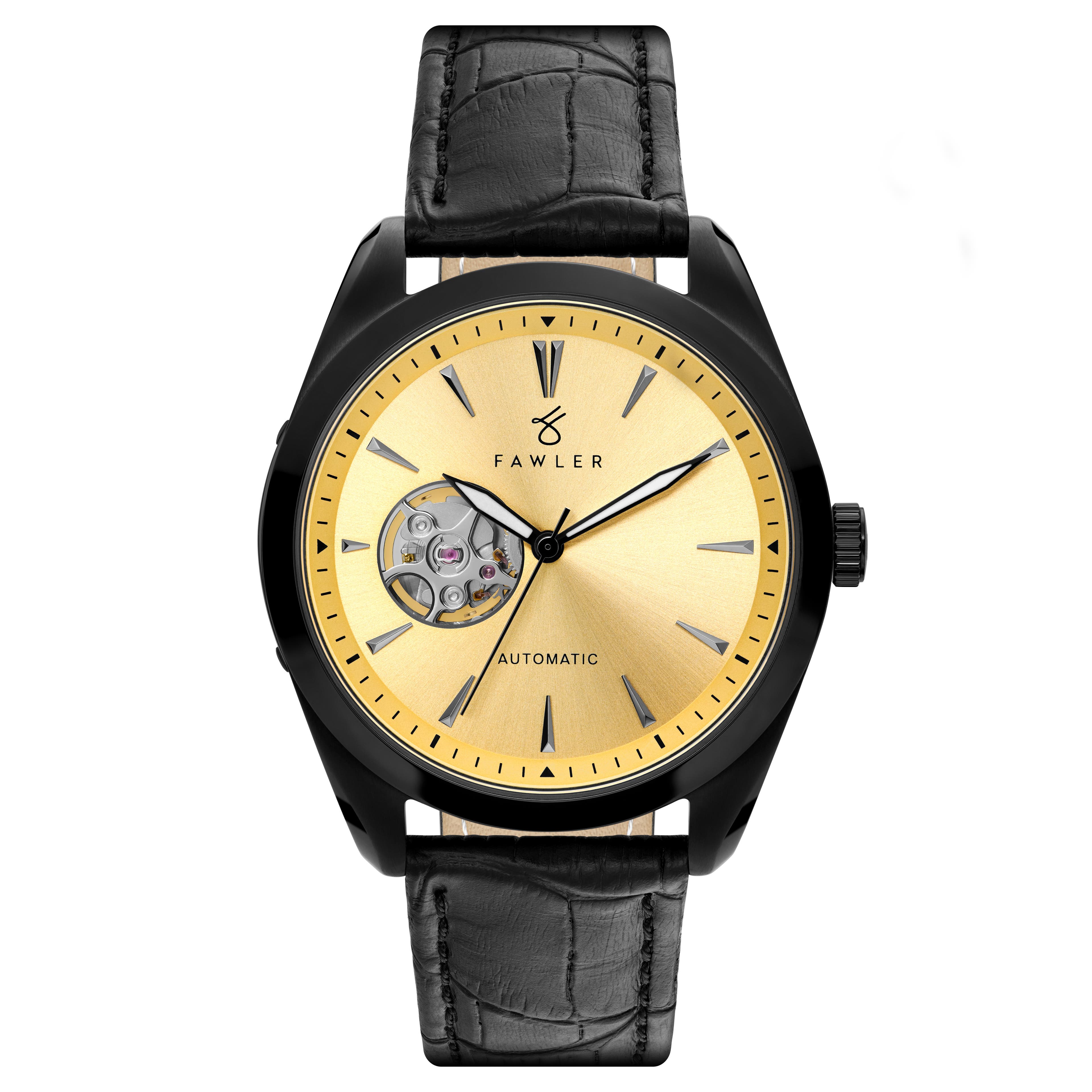 Fenes | Black Open-heart Skeleton Watch With Gold-Tone Dial & Black Leather Strap