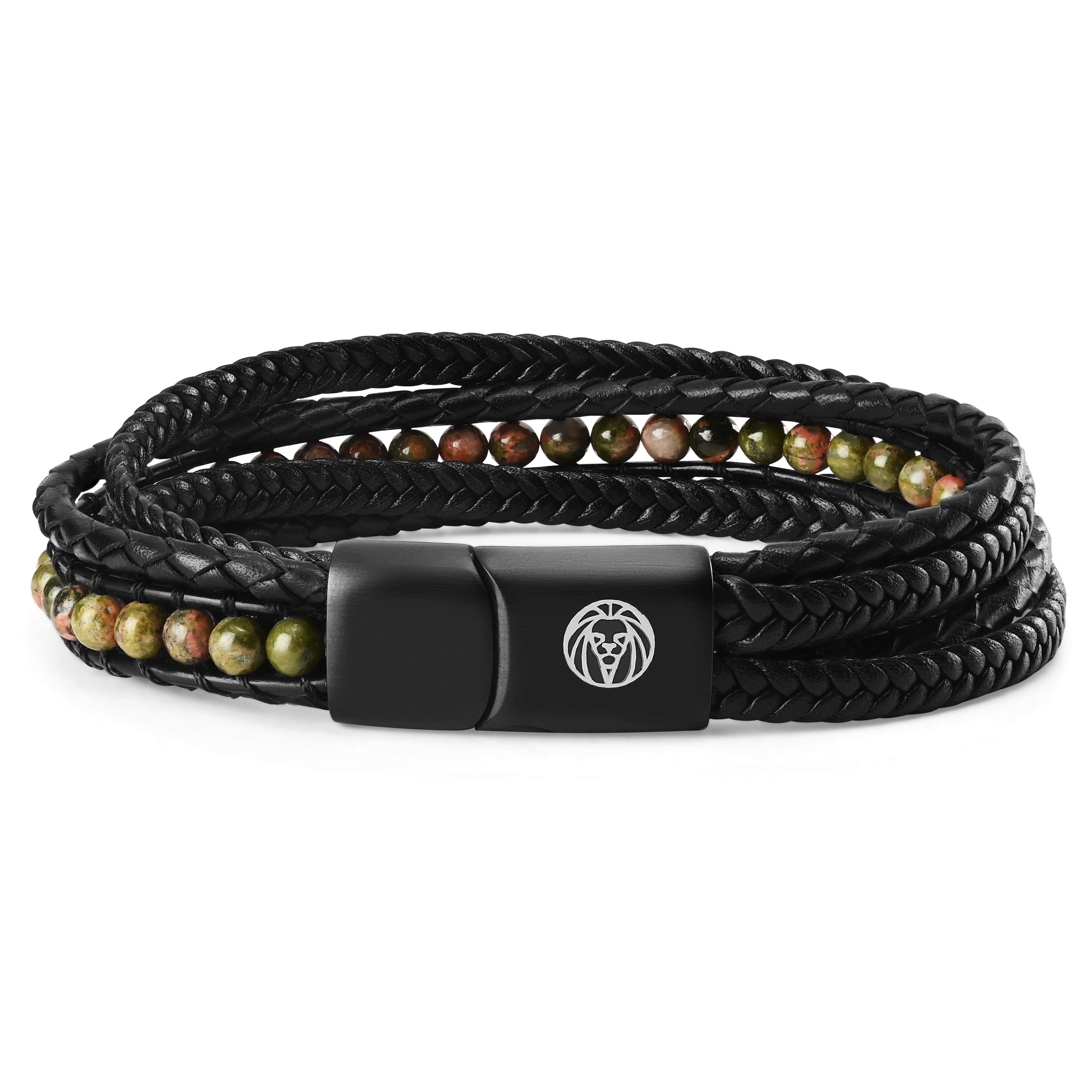 Naxos | Black Braided Leather & Unakite Bead Bracelet