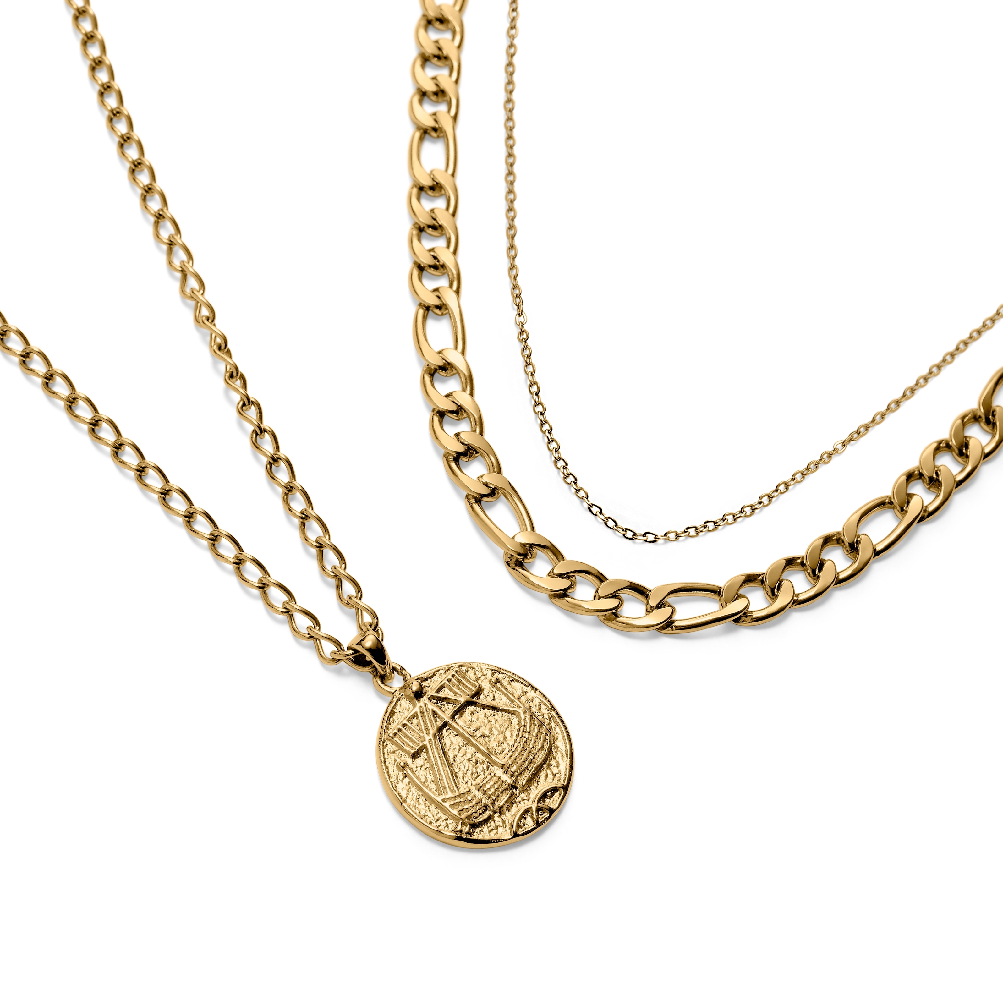 Set de 3 colliers assortis : collier doré Viking, chaîne légère et chaîne Figaro  - 2