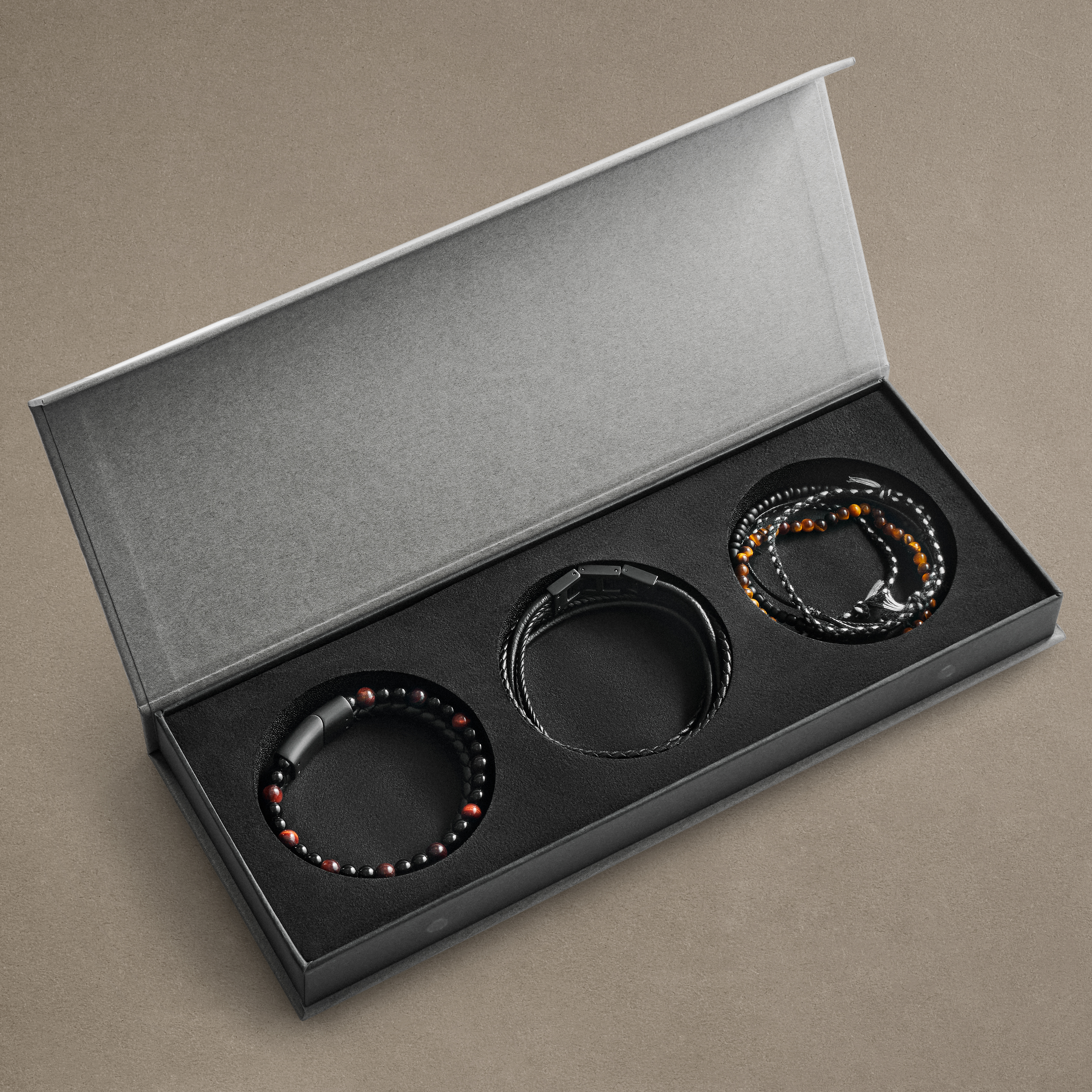 Small | Black Leather & Tiger's Eye Bracelet Gift Box - 3
