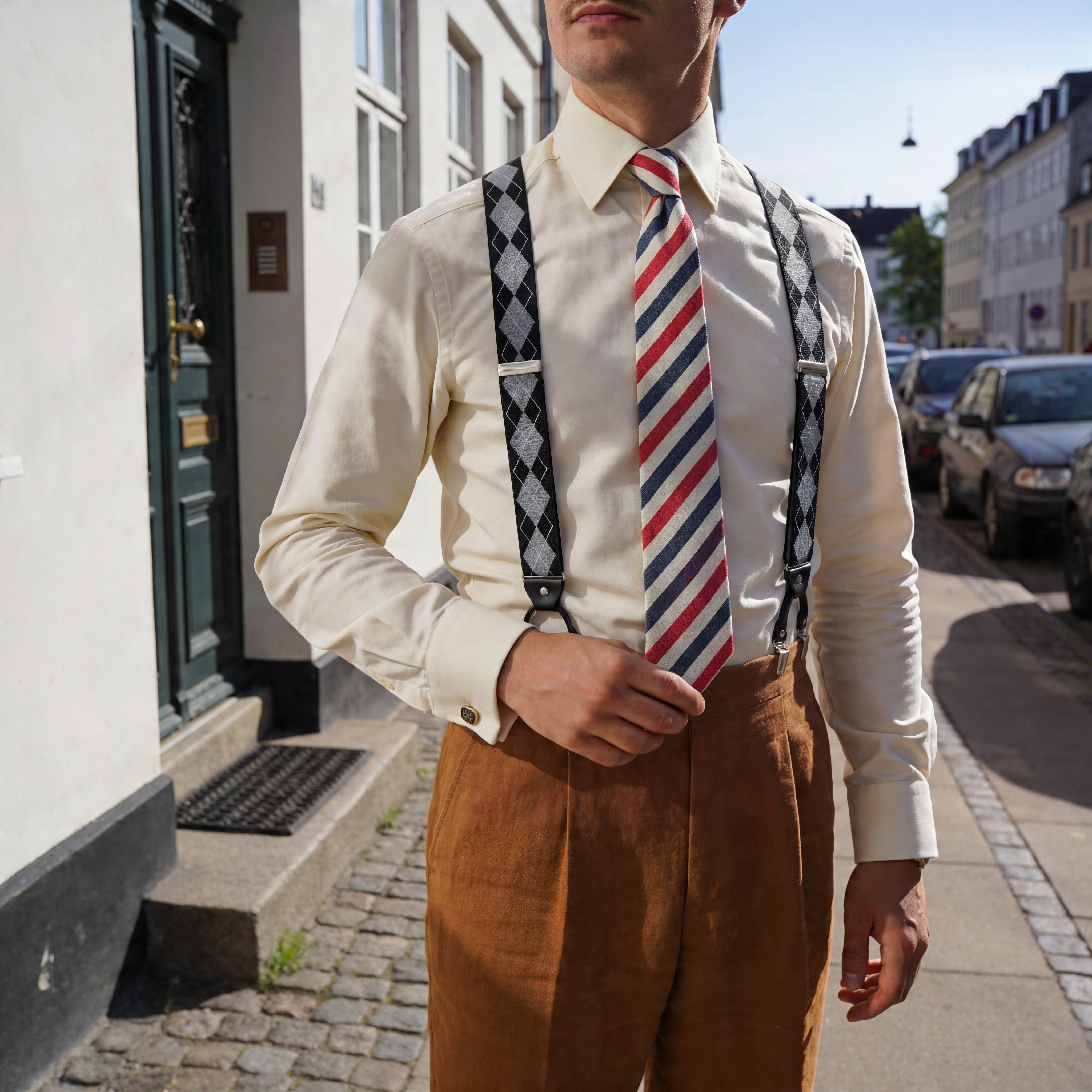 White, Red & Navy Blue Striped Cotton & Flax Tie - 4